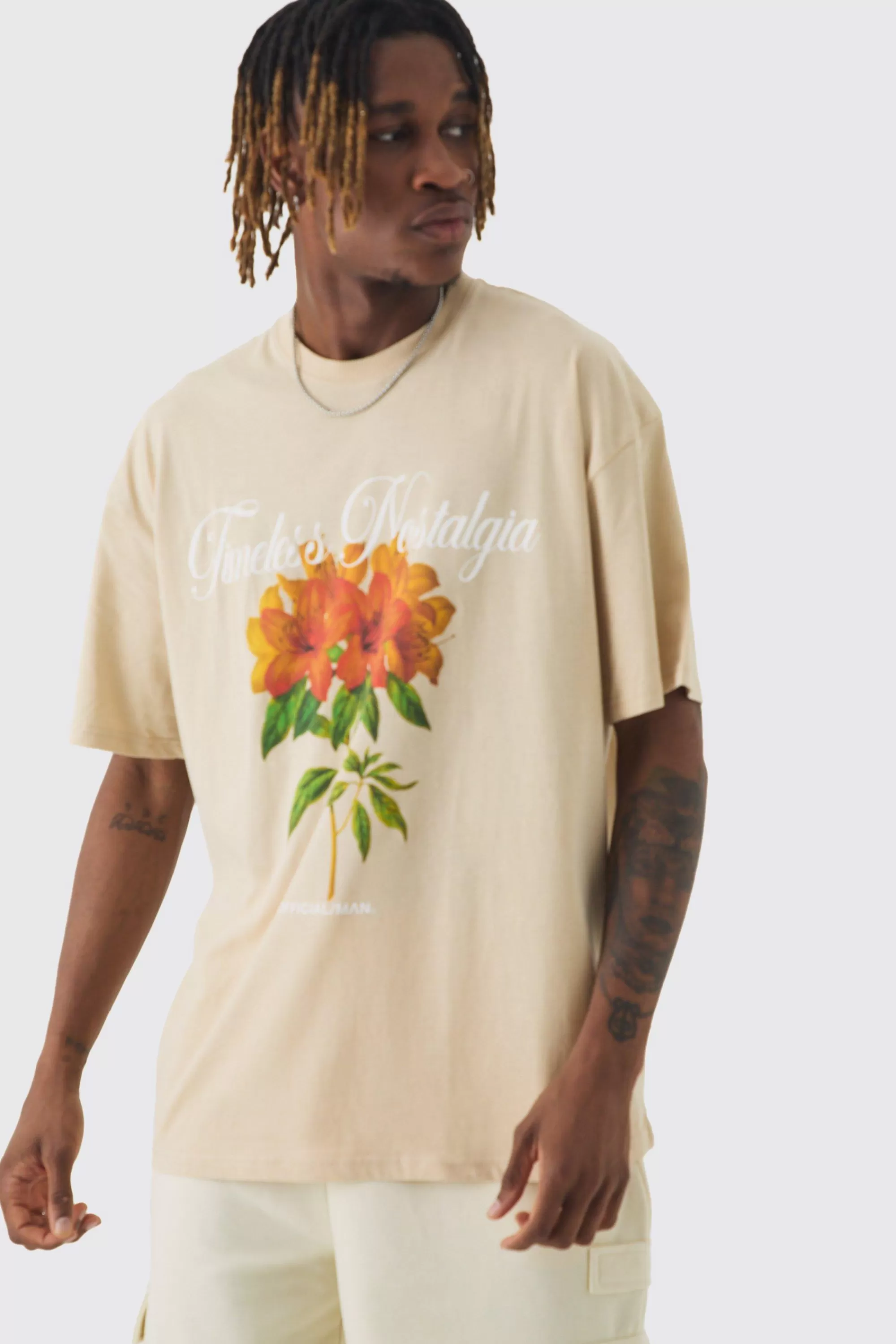 boohooMAN Tall Oversized Official Man Floral Print T-shirt | UK sand Discount