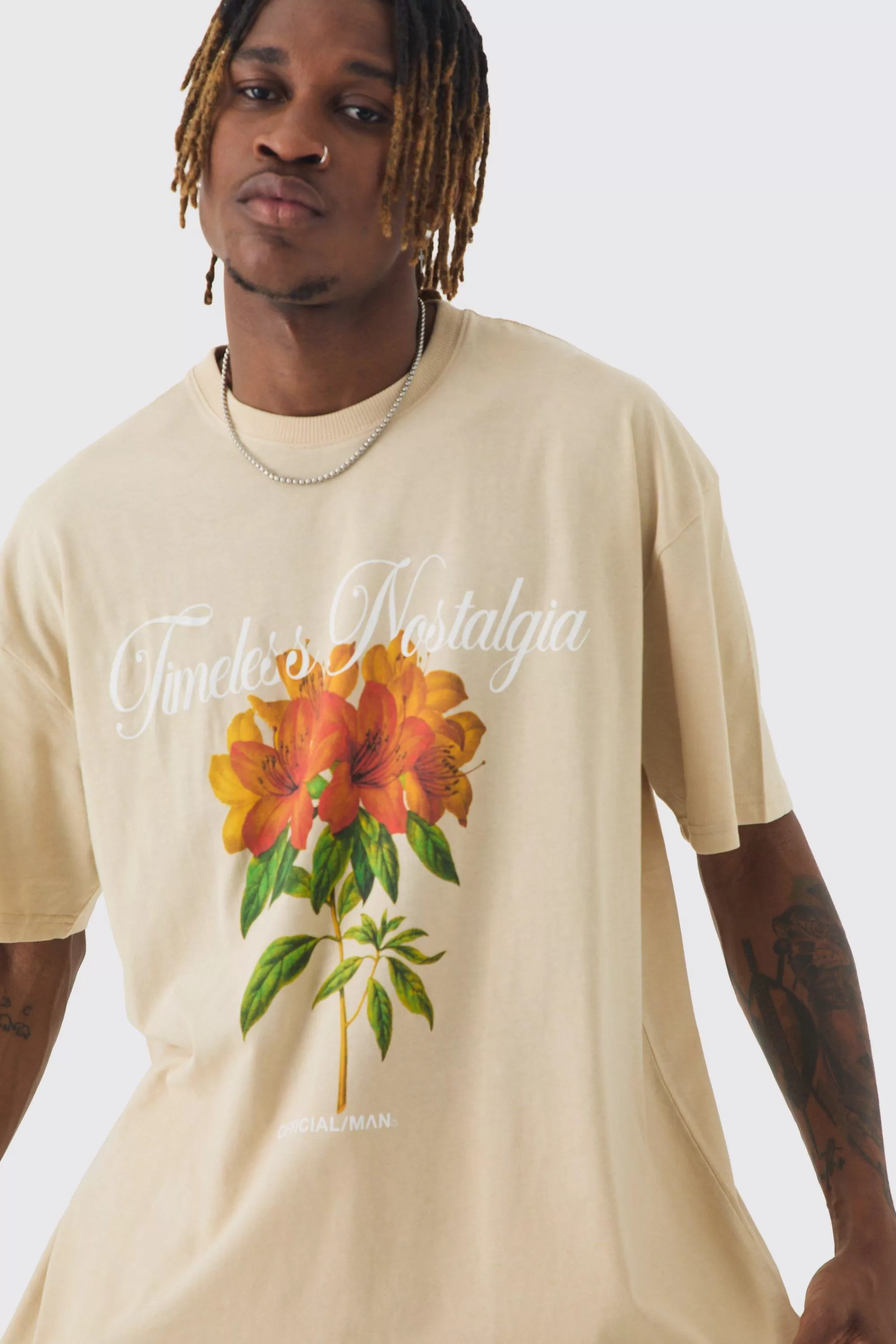 boohooMAN Tall Oversized Official Man Floral Print T-shirt | UK sand Discount