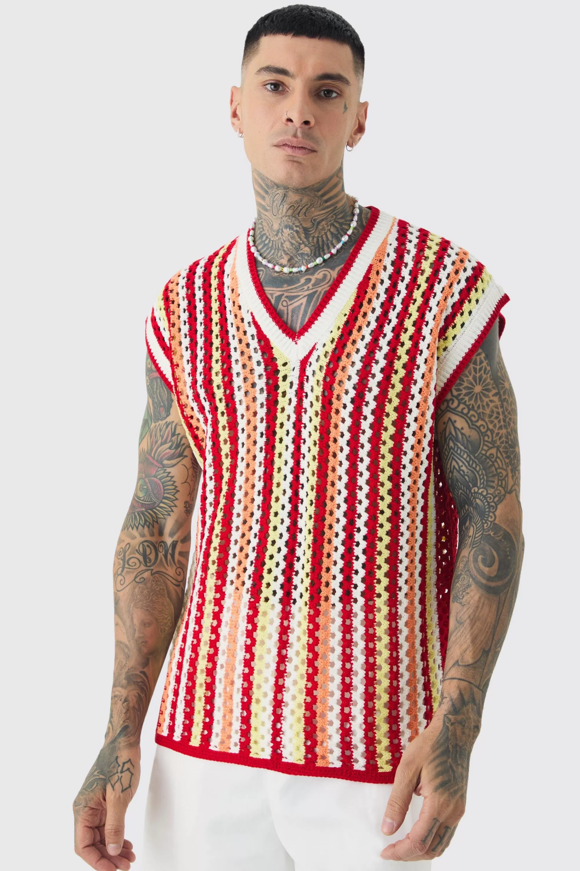 boohooMAN Tall Oversized Open Stitch Crochet Knitted Tank | UK red Clearance