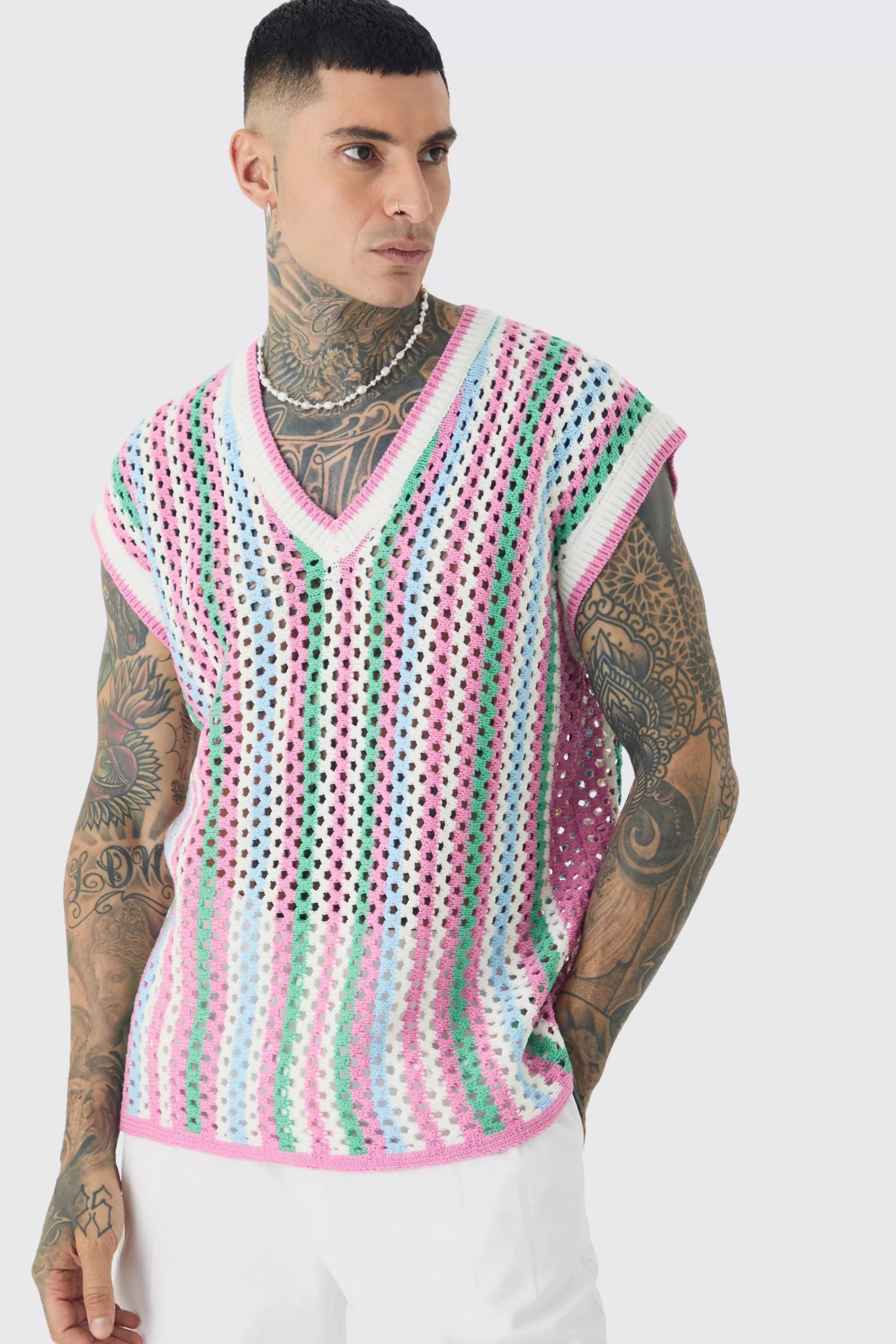 boohooMAN Tall Oversized Open Stitch Crochet Knitted Tank | UK pink New