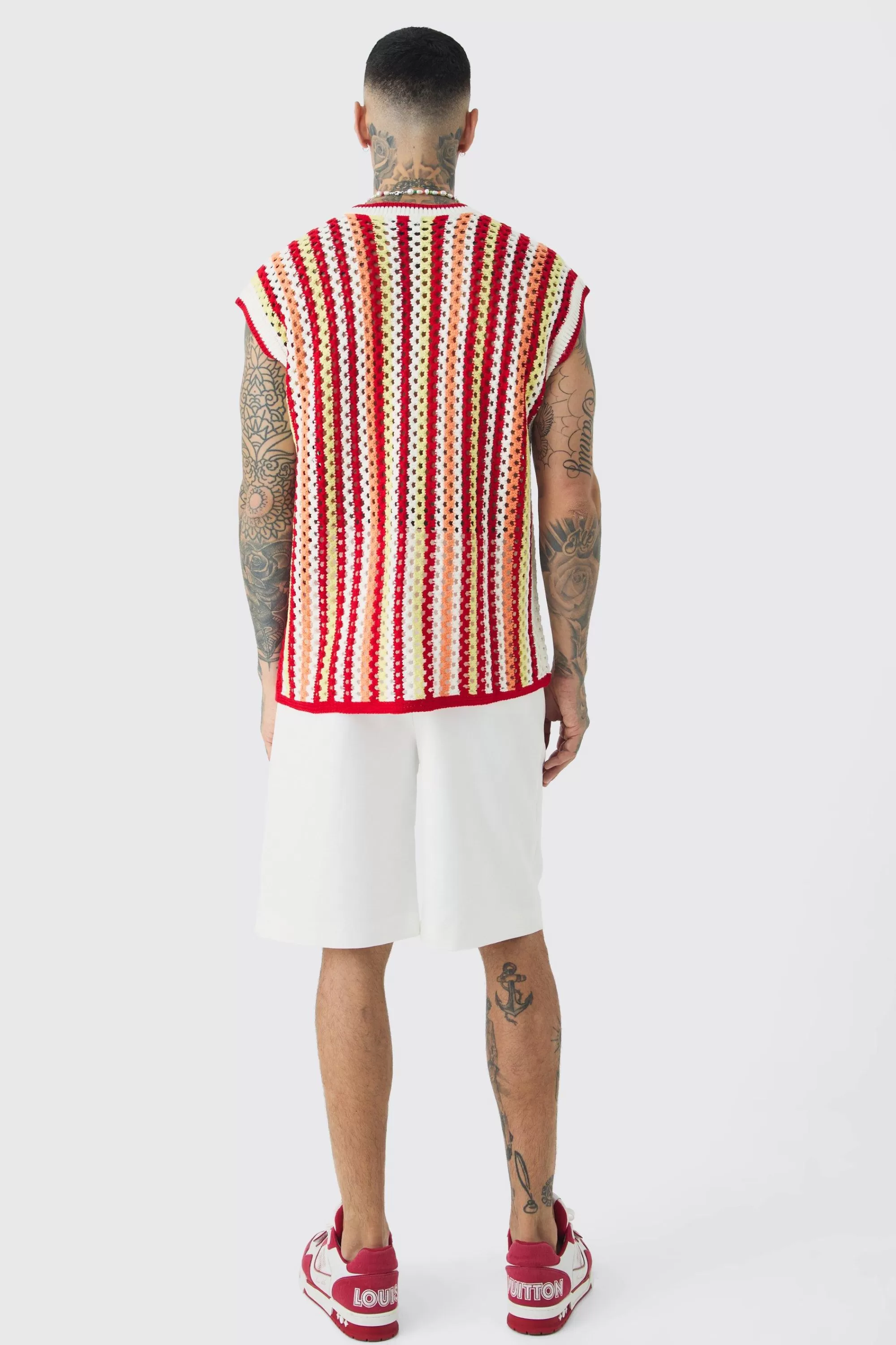 boohooMAN Tall Oversized Open Stitch Crochet Knitted Tank | UK red Clearance