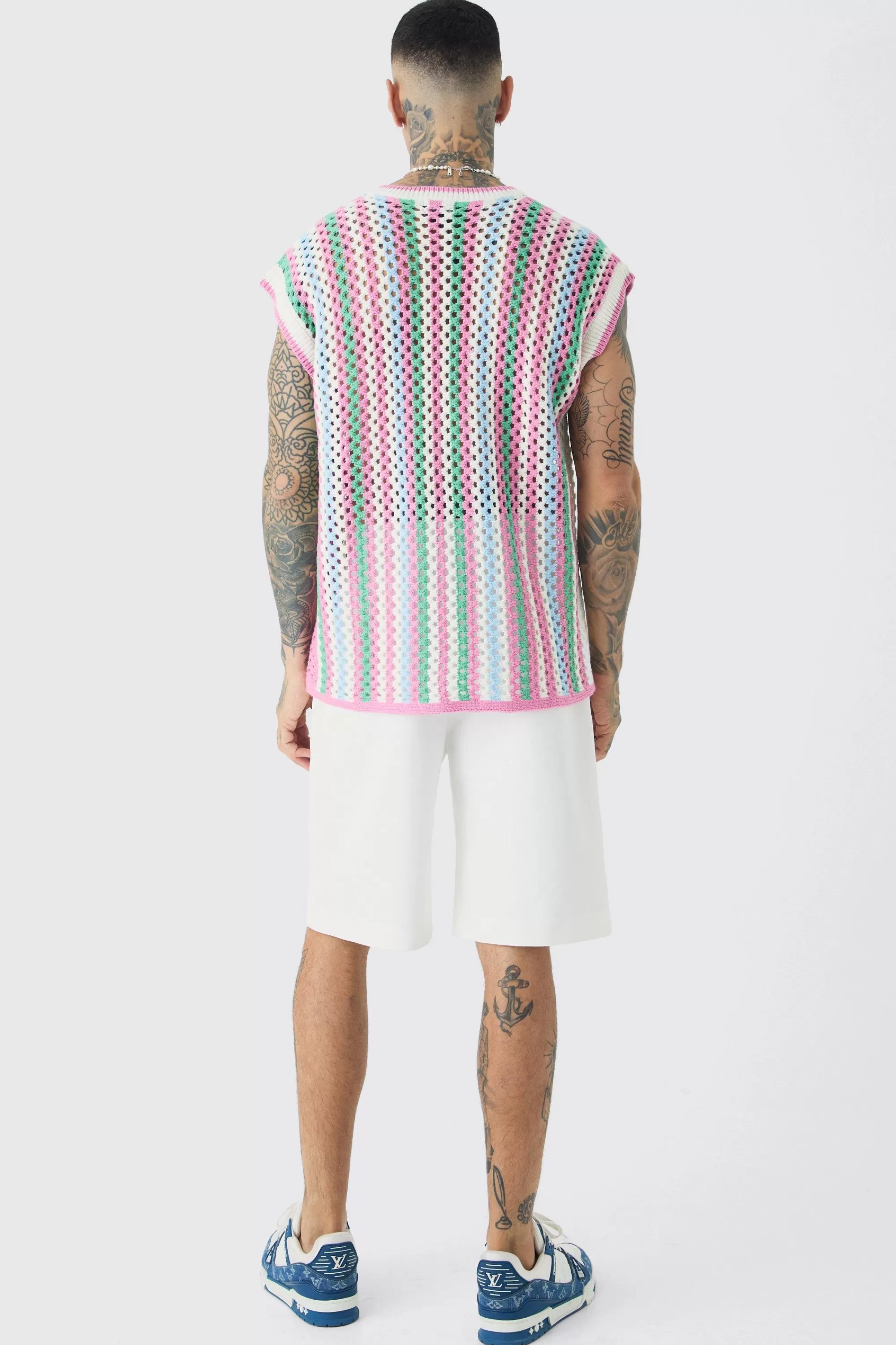 boohooMAN Tall Oversized Open Stitch Crochet Knitted Tank | UK pink New