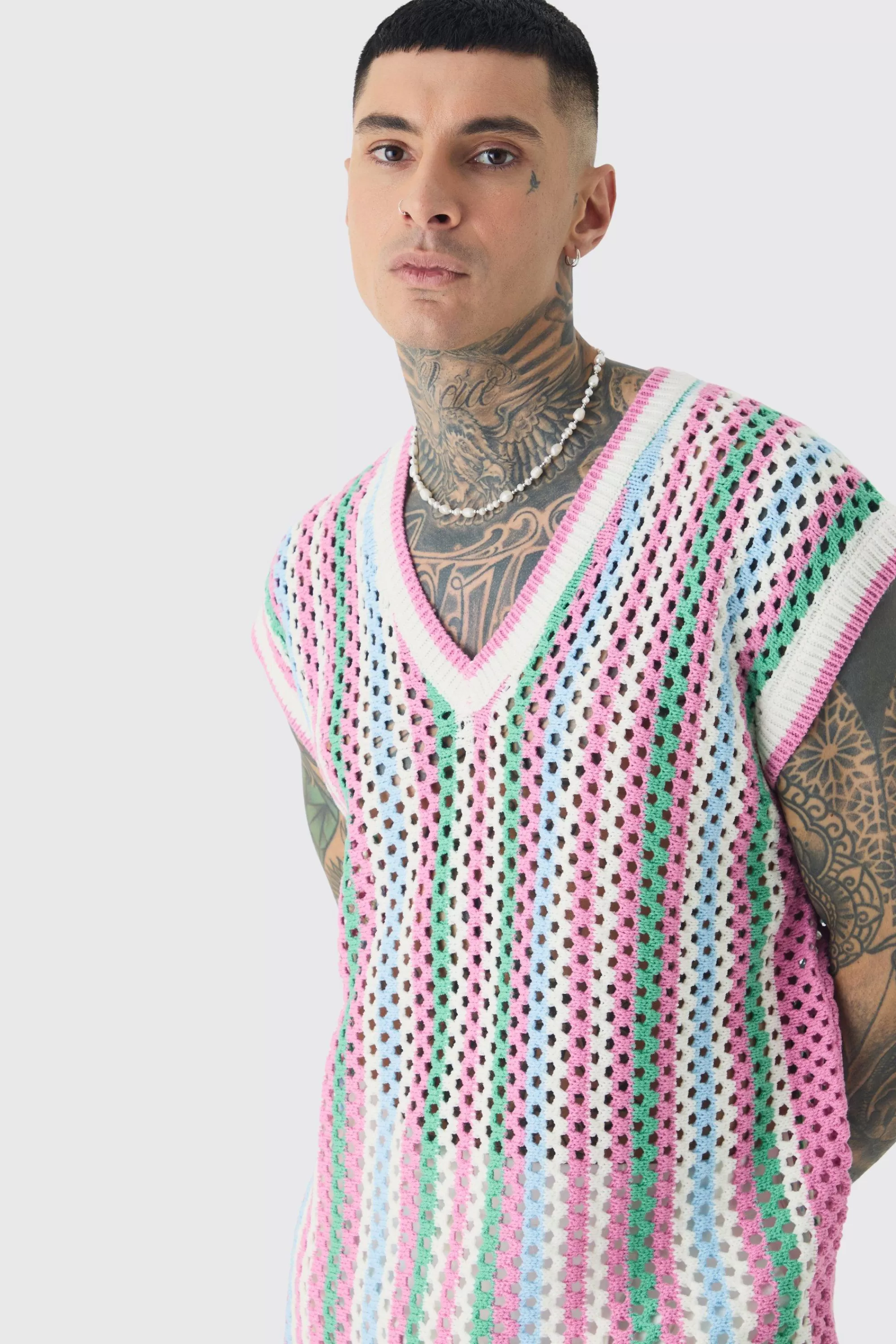 boohooMAN Tall Oversized Open Stitch Crochet Knitted Tank | UK pink New