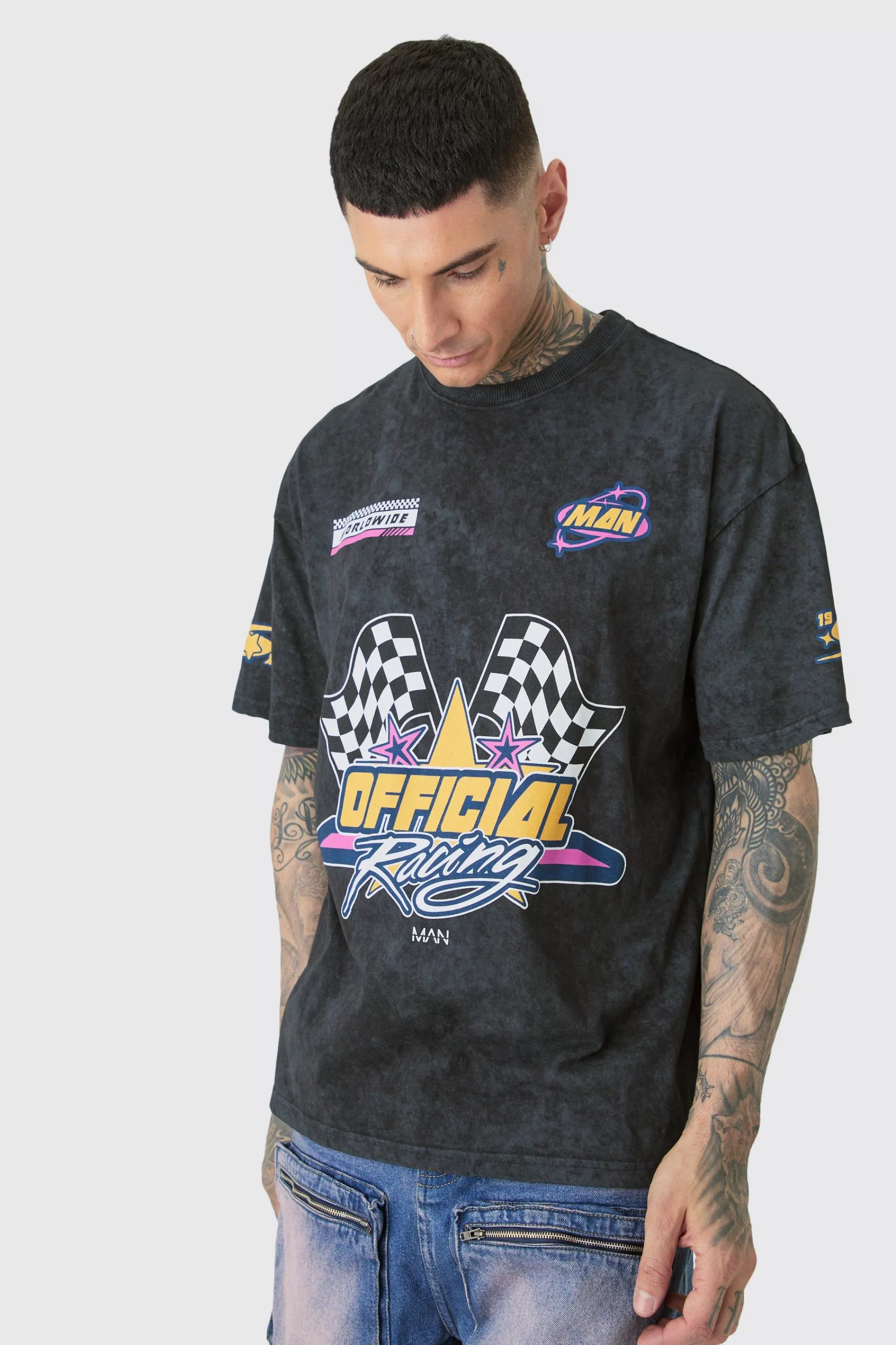 boohooMAN Tall Oversized Overdye Moto Graphic T-shirt | UK charcoal Store