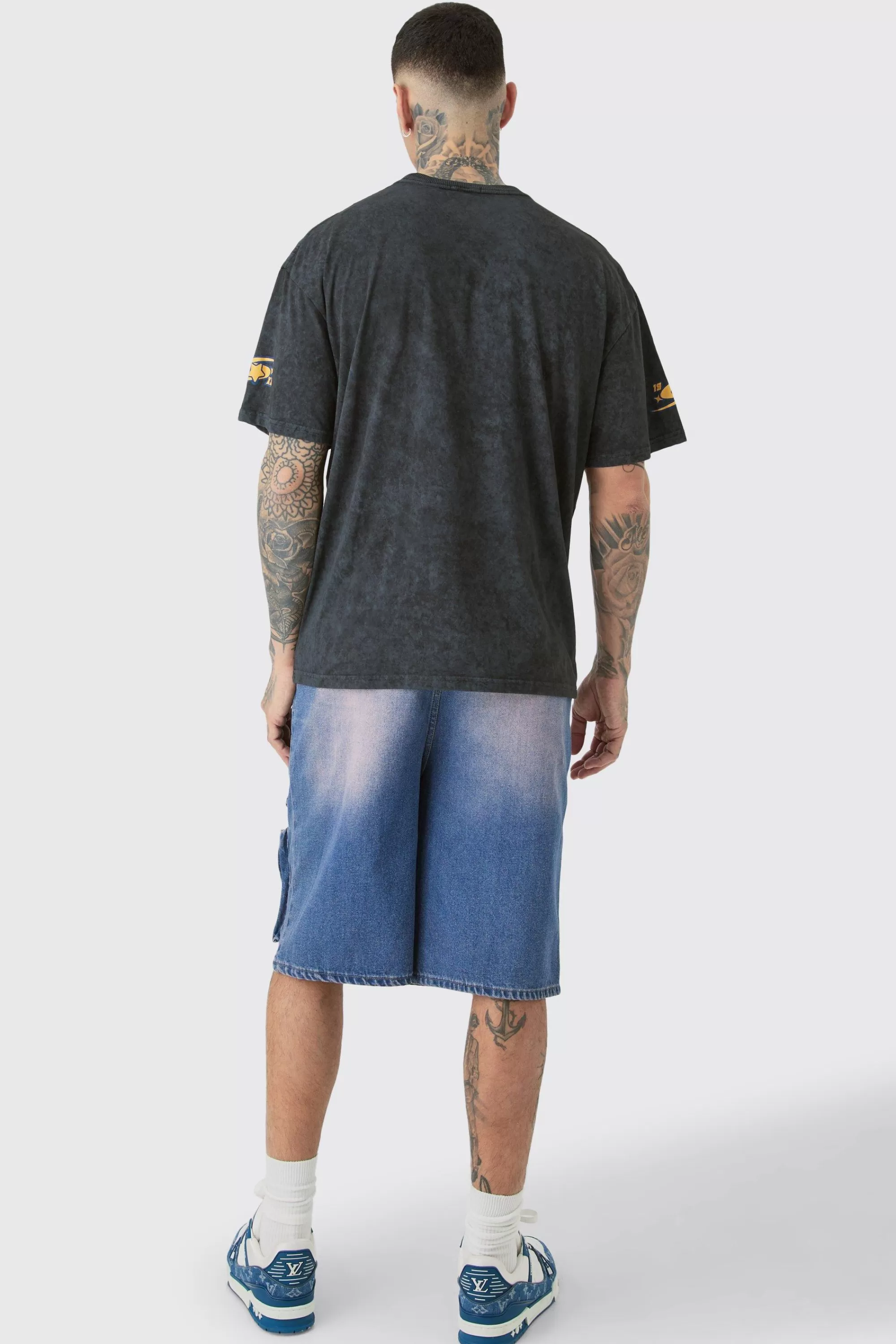 boohooMAN Tall Oversized Overdye Moto Graphic T-shirt | UK charcoal Store