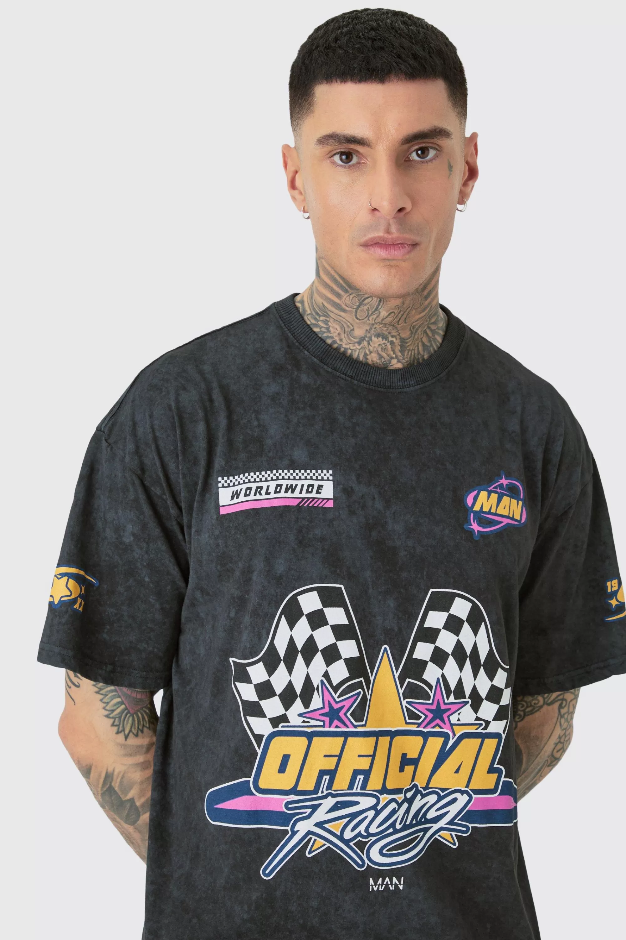 boohooMAN Tall Oversized Overdye Moto Graphic T-shirt | UK charcoal Store