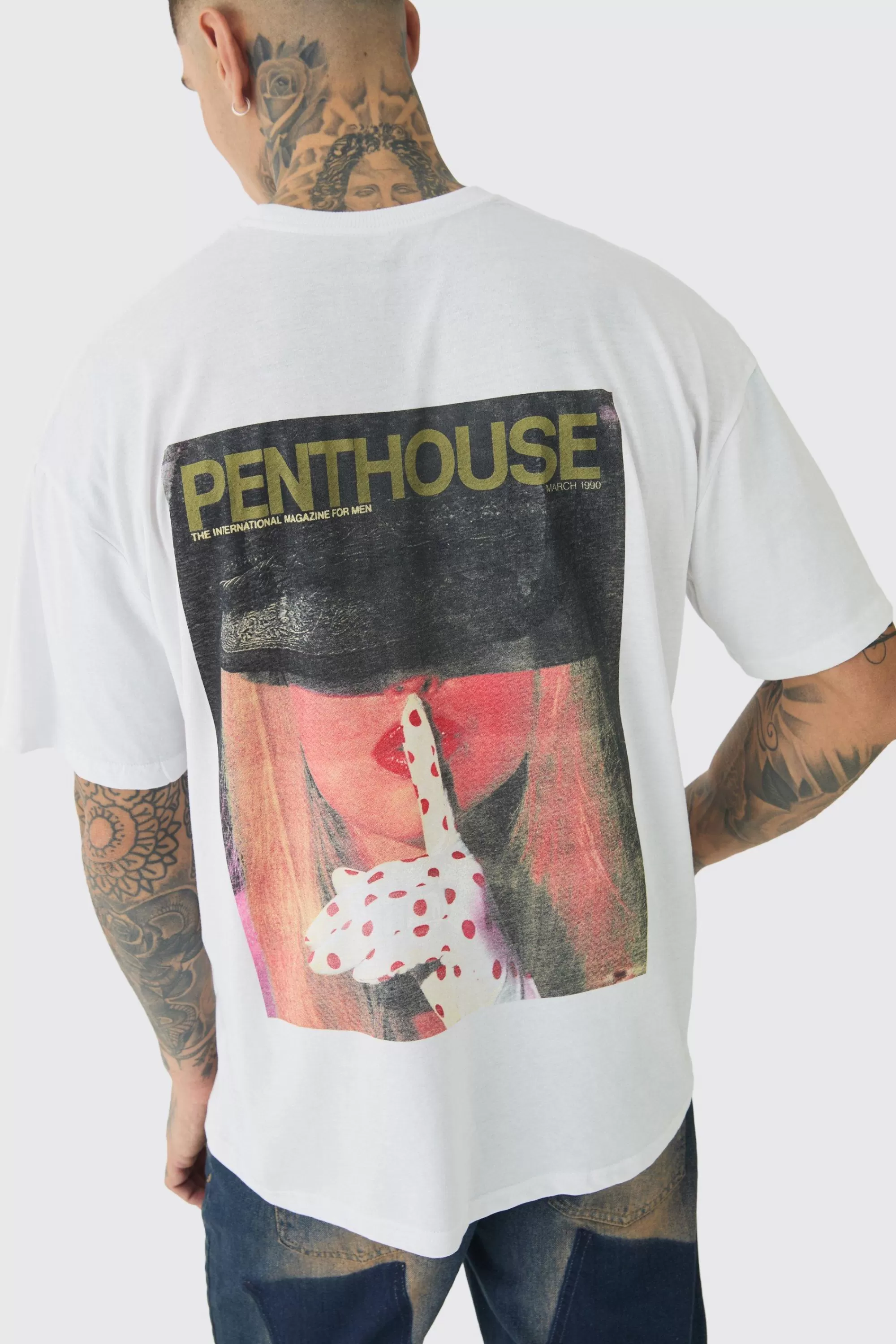 boohooMAN Tall Oversized Penthouse Magazine License T-Shirt | UK white Store