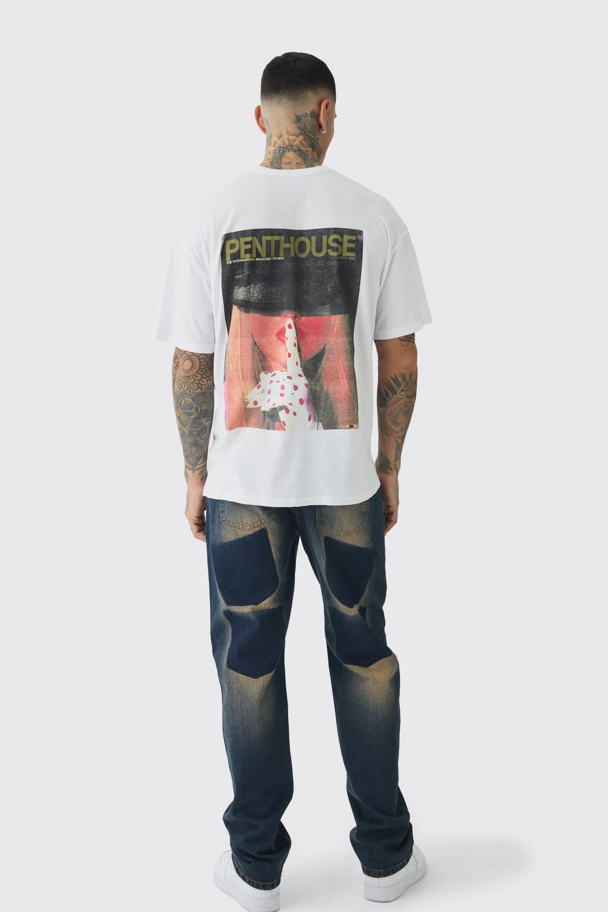 boohooMAN Tall Oversized Penthouse Magazine License T-Shirt | UK white Store