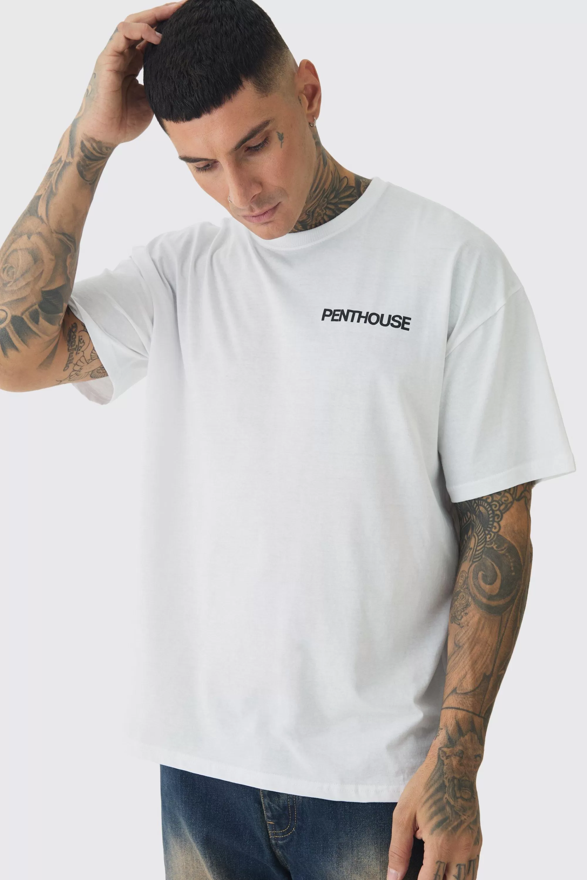 boohooMAN Tall Oversized Penthouse Magazine License T-Shirt | UK white Store