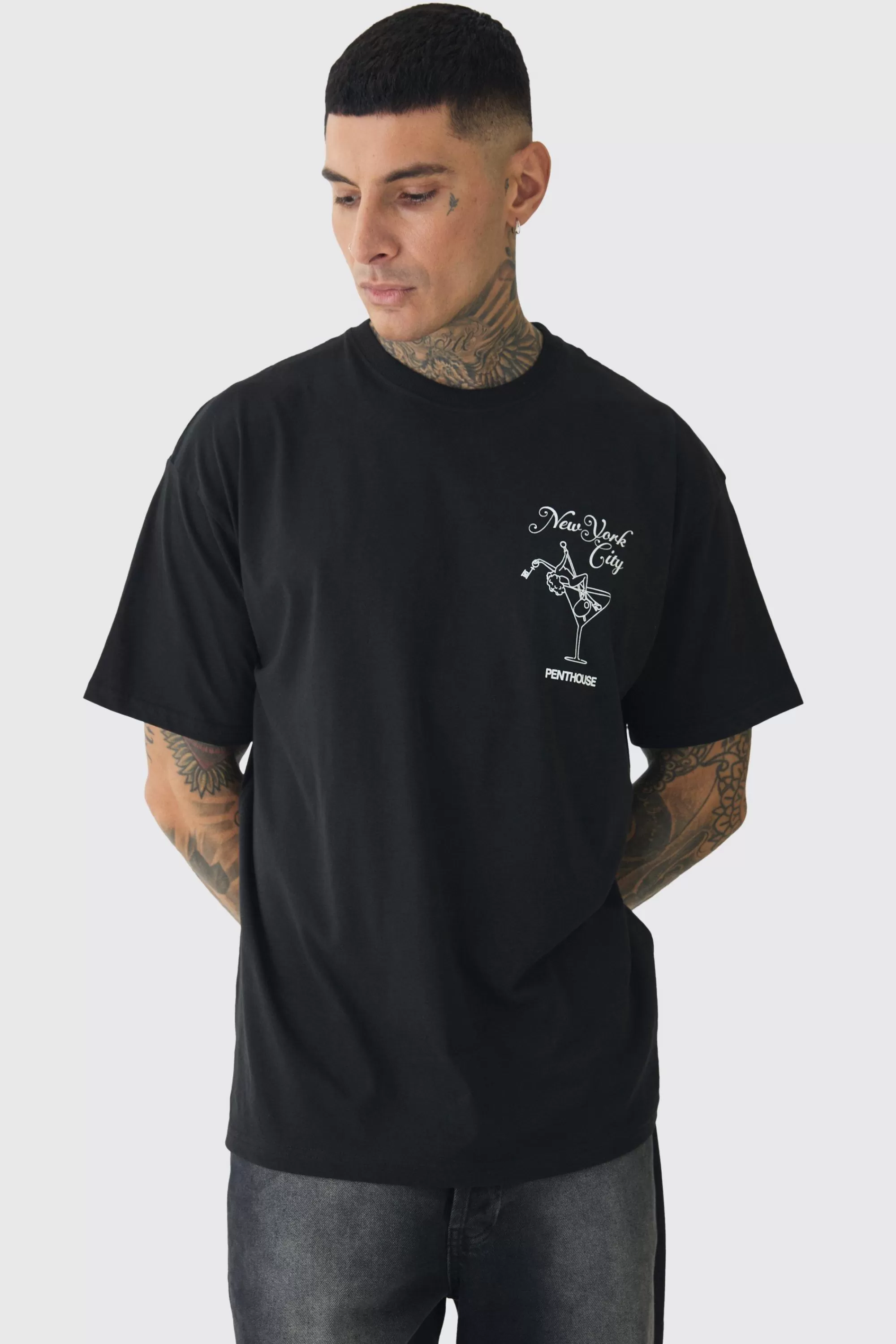 boohooMAN Tall Oversized Penthouse Magazine License T-Shirt | UK black Online