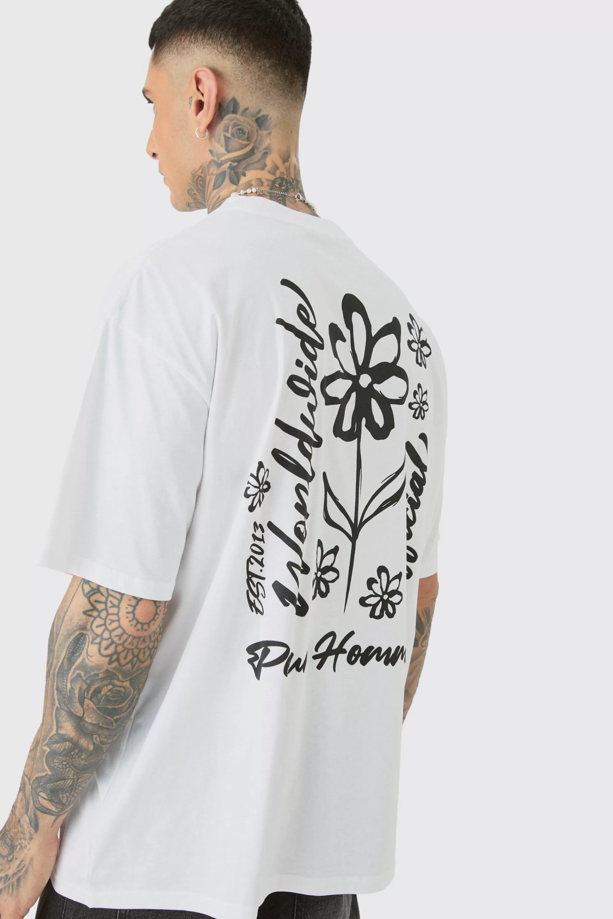 boohooMAN Tall Oversized Pour Homme Line Drawing Print T-shirt | UK white Cheap