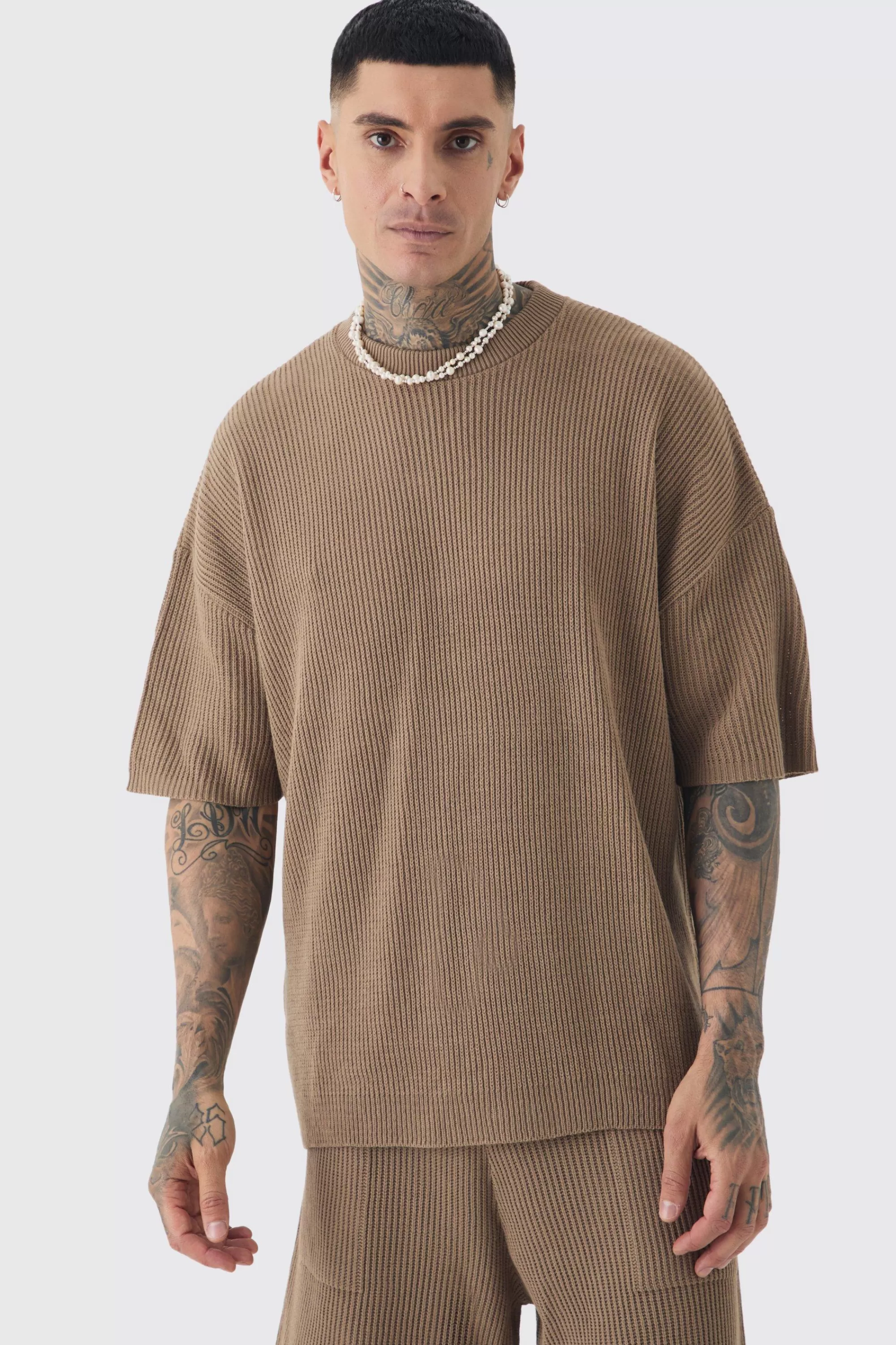 boohooMAN Tall Oversized Ribbed Knit T-shirt | UK taupe Fashion