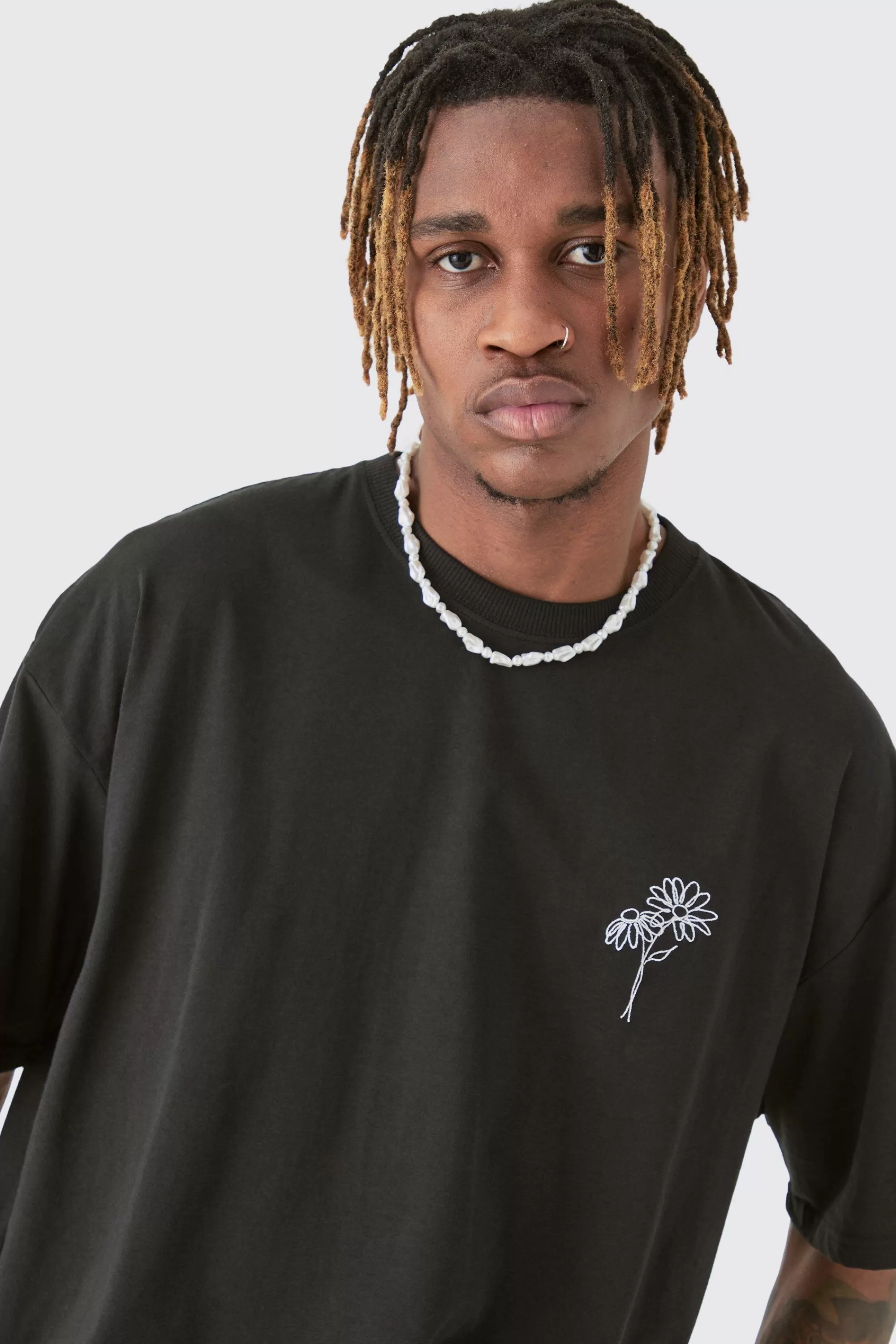 boohooMAN Tall Oversized Stencil Floral Embroidered T-shirt In | UK black Flash Sale