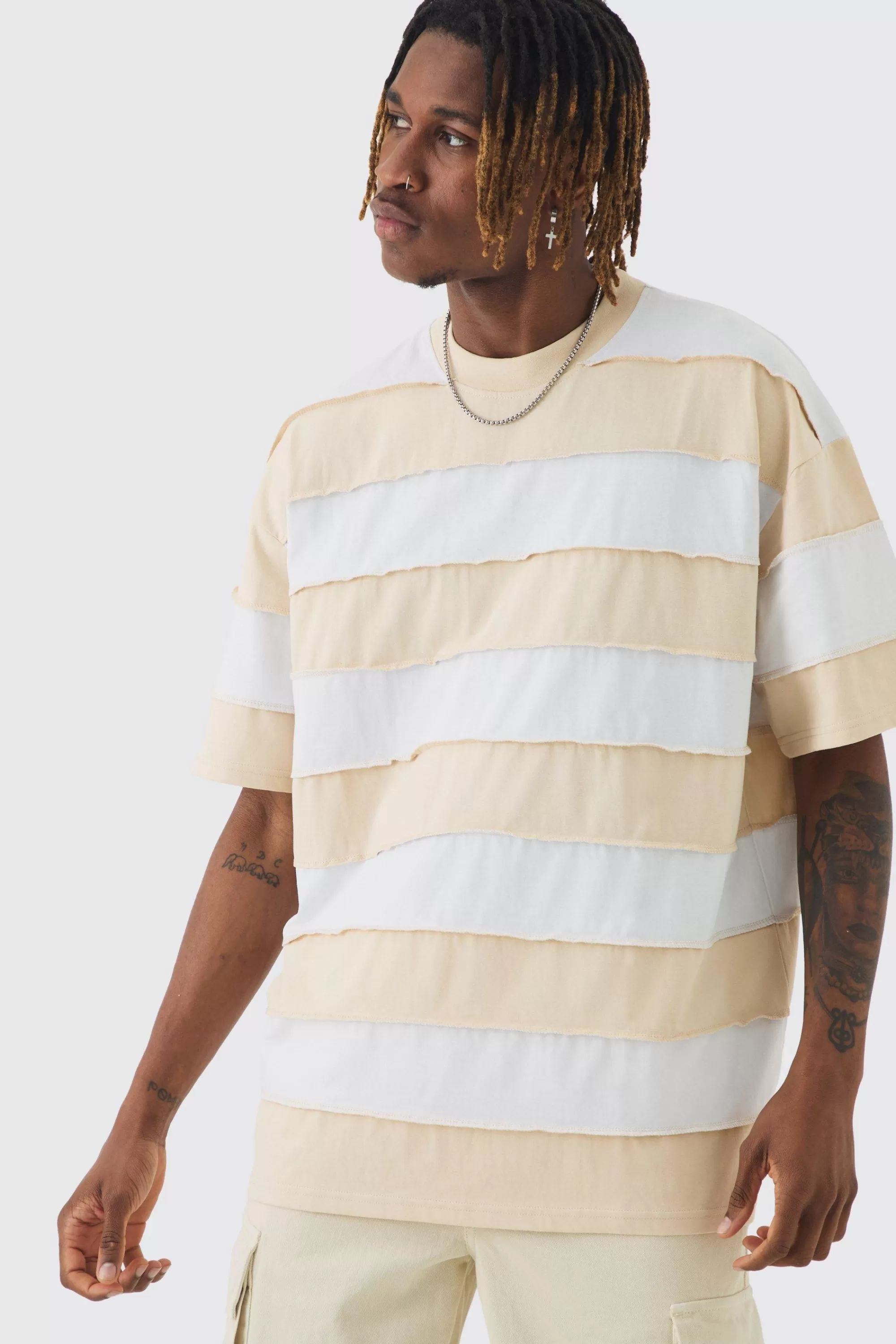 boohooMAN Tall Oversized Stripe Raw Seam T-shirt | UK stone Online