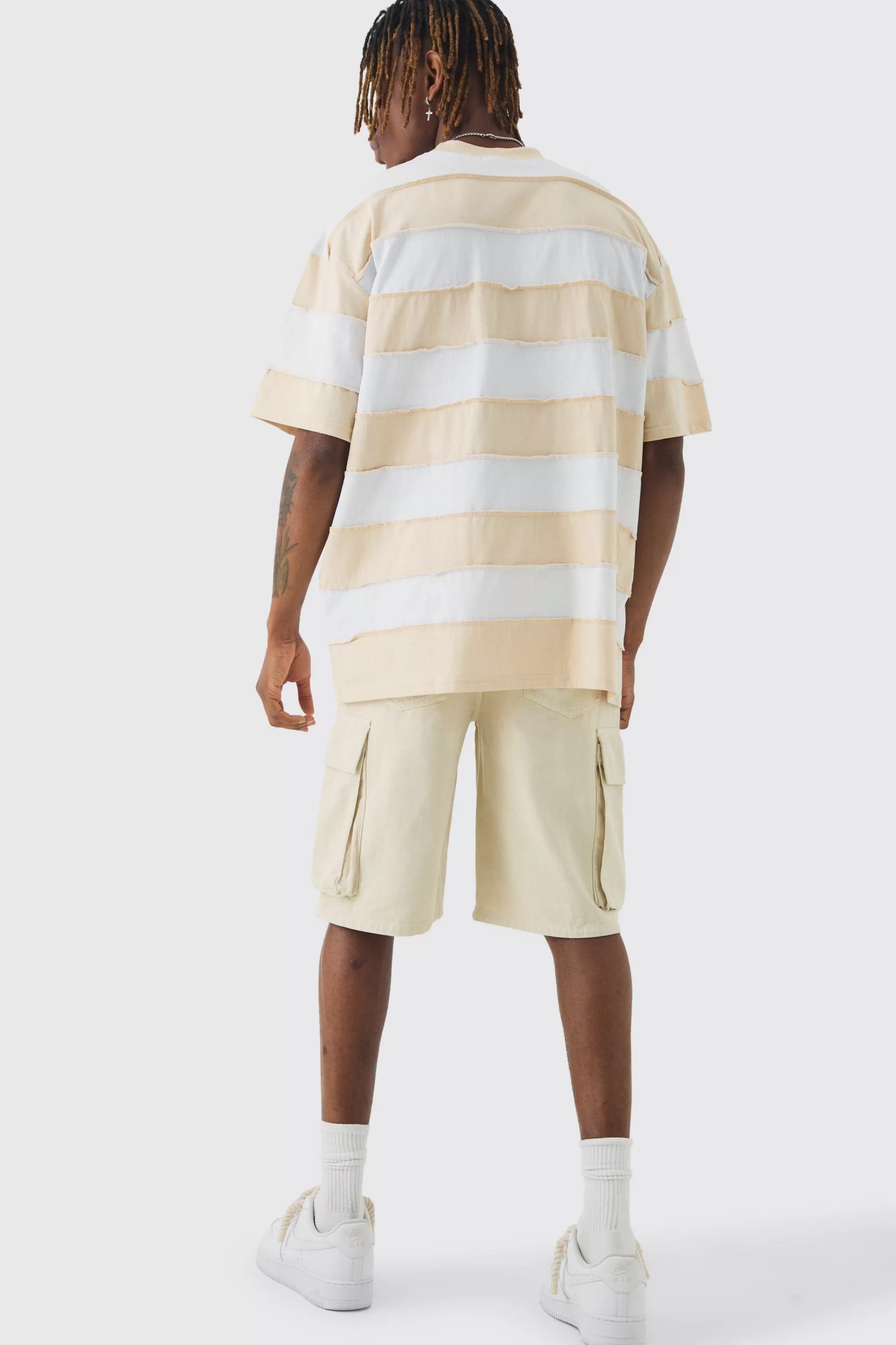 boohooMAN Tall Oversized Stripe Raw Seam T-shirt | UK stone Online
