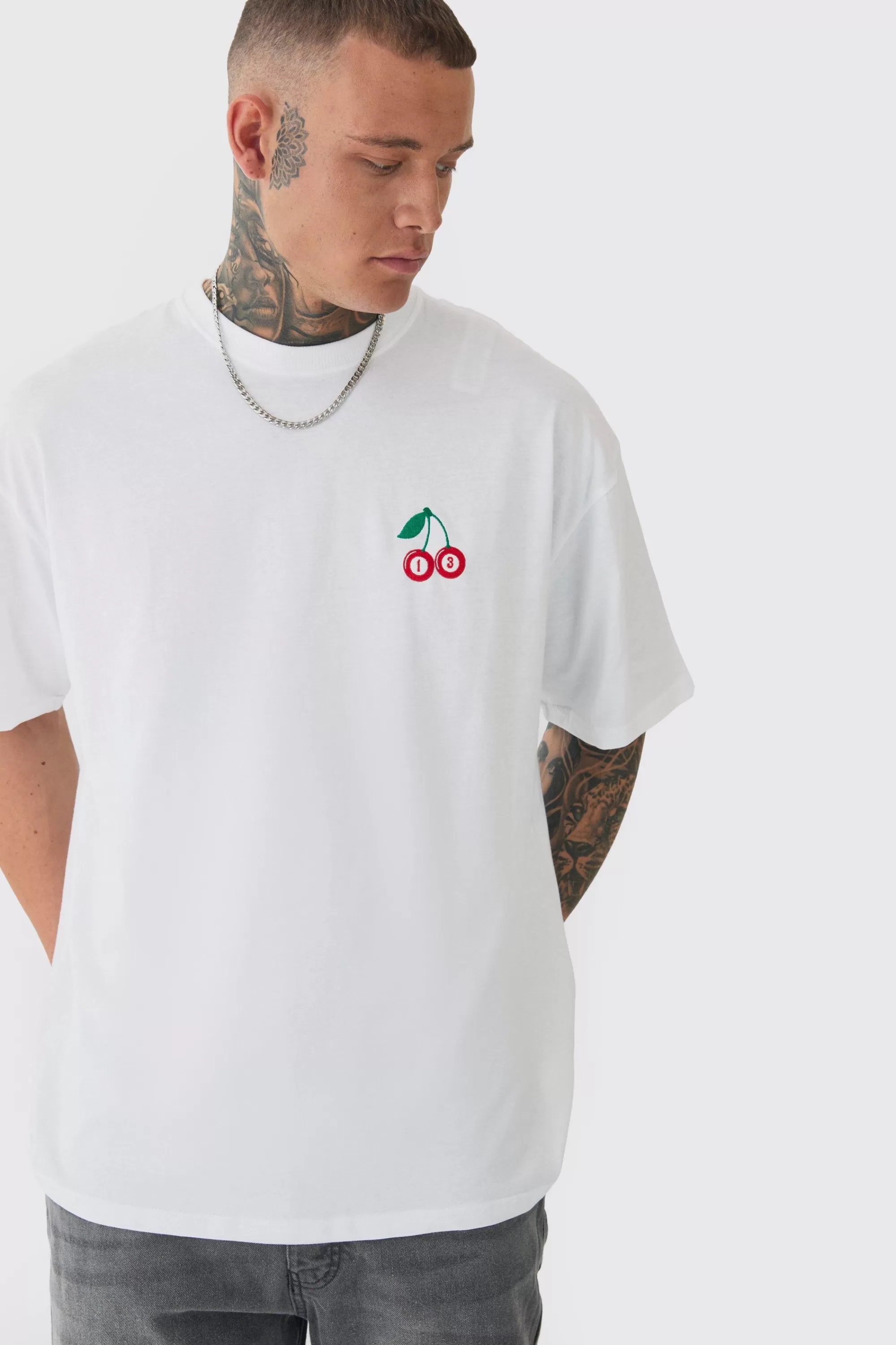 boohooMAN Tall Oversized Tall Cherry Embroidered T-shirt In | UK white Best Sale