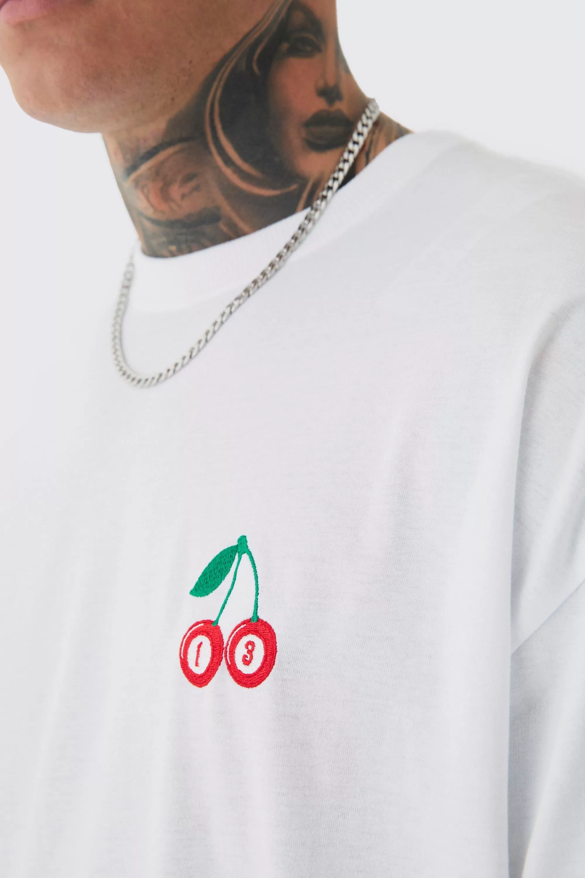 boohooMAN Tall Oversized Tall Cherry Embroidered T-shirt In | UK white Best Sale