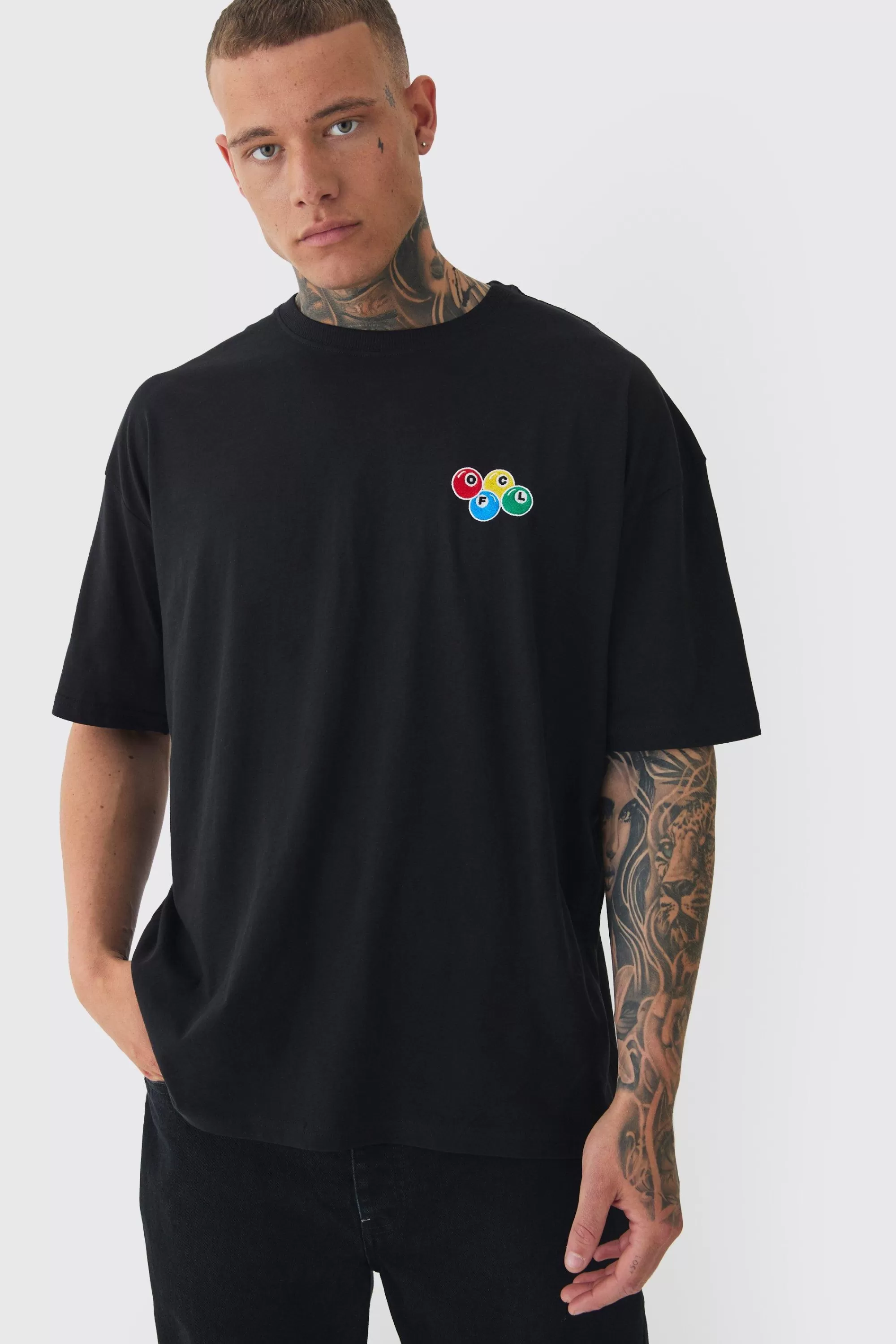 boohooMAN Tall Oversized Tall OFCL 8 Ball Embroidered T-shirt In | UK black Online
