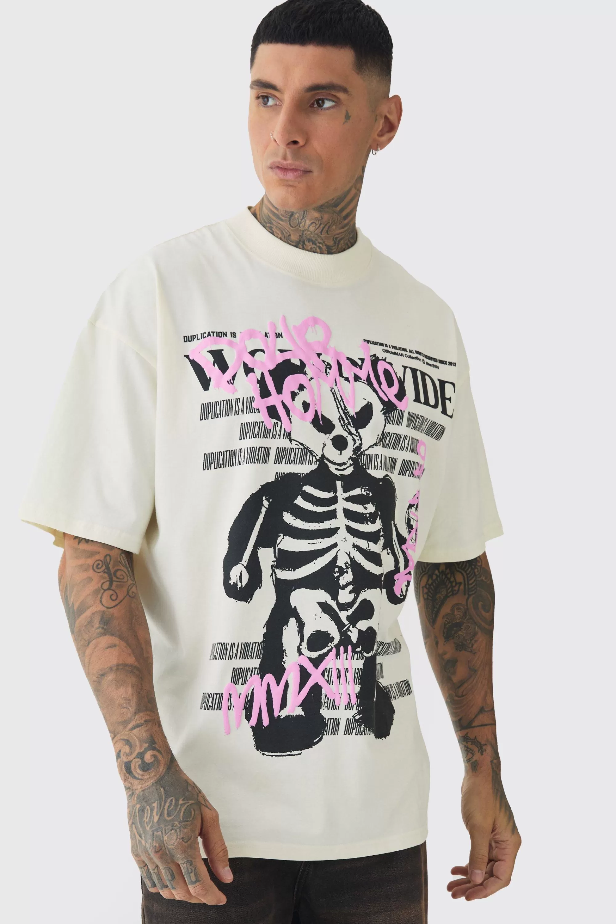 boohooMAN Tall Oversized Teddy Skeleton Graphic Puff Print T-Shirt | UK ecru Fashion