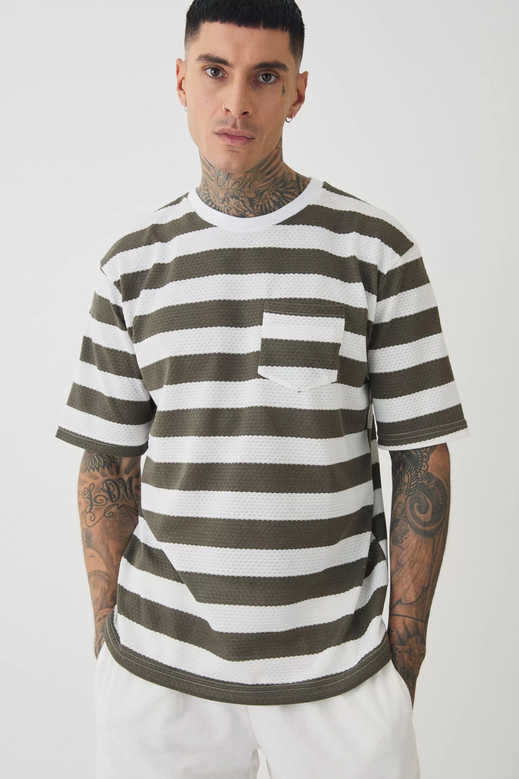 boohooMAN Tall Oversized Textured Stripe T-shirt | UK khaki Outlet