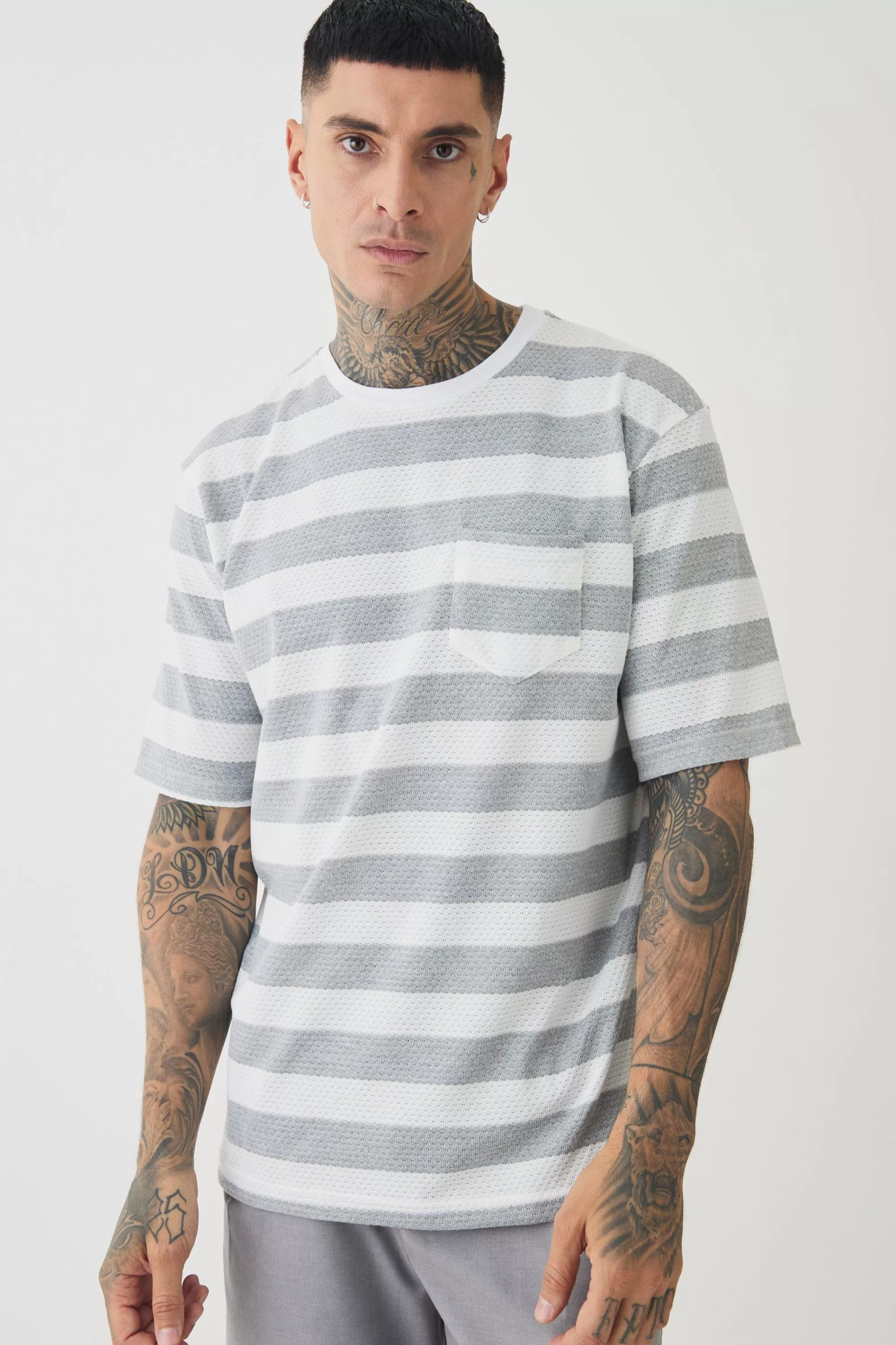 boohooMAN Tall Oversized Textured Stripe T-shirt | UK grey New