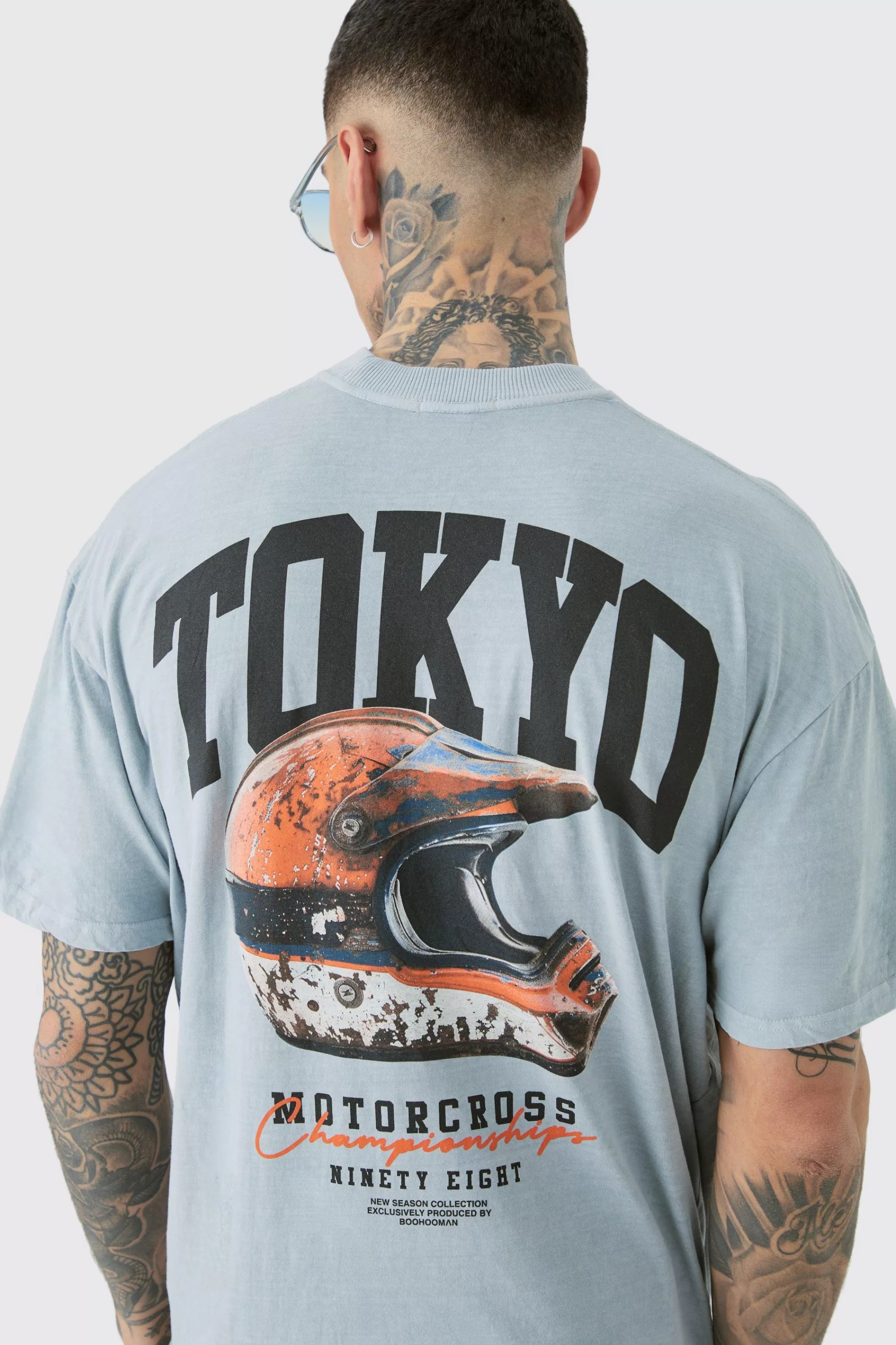 boohooMAN Tall Oversized Tokyo Back Print Overdye T-shirt | UK grey Clearance