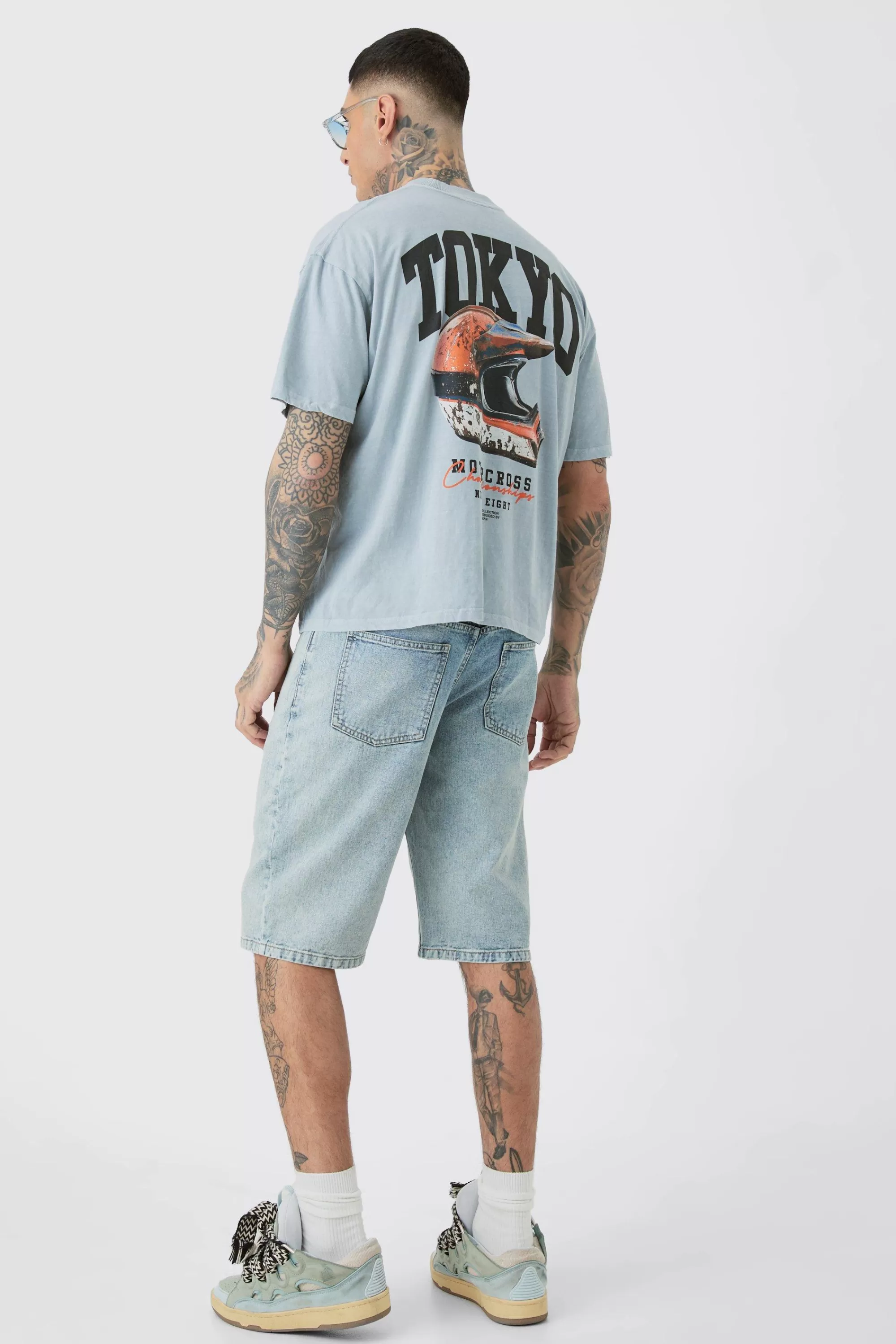 boohooMAN Tall Oversized Tokyo Back Print Overdye T-shirt | UK grey Clearance