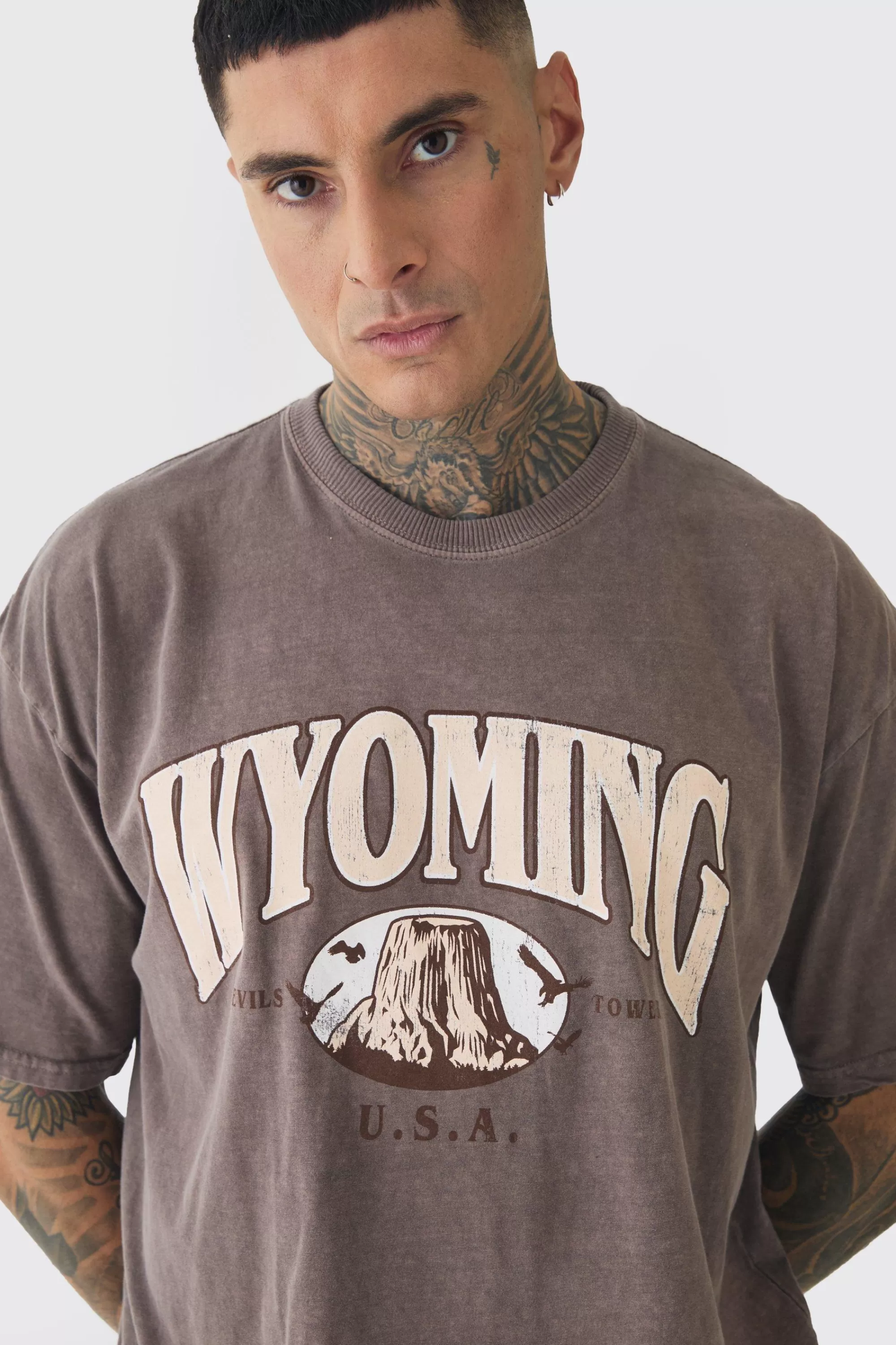 boohooMAN Tall Oversized Washed Wyoming Print T-shirt | UK chocolate Cheap