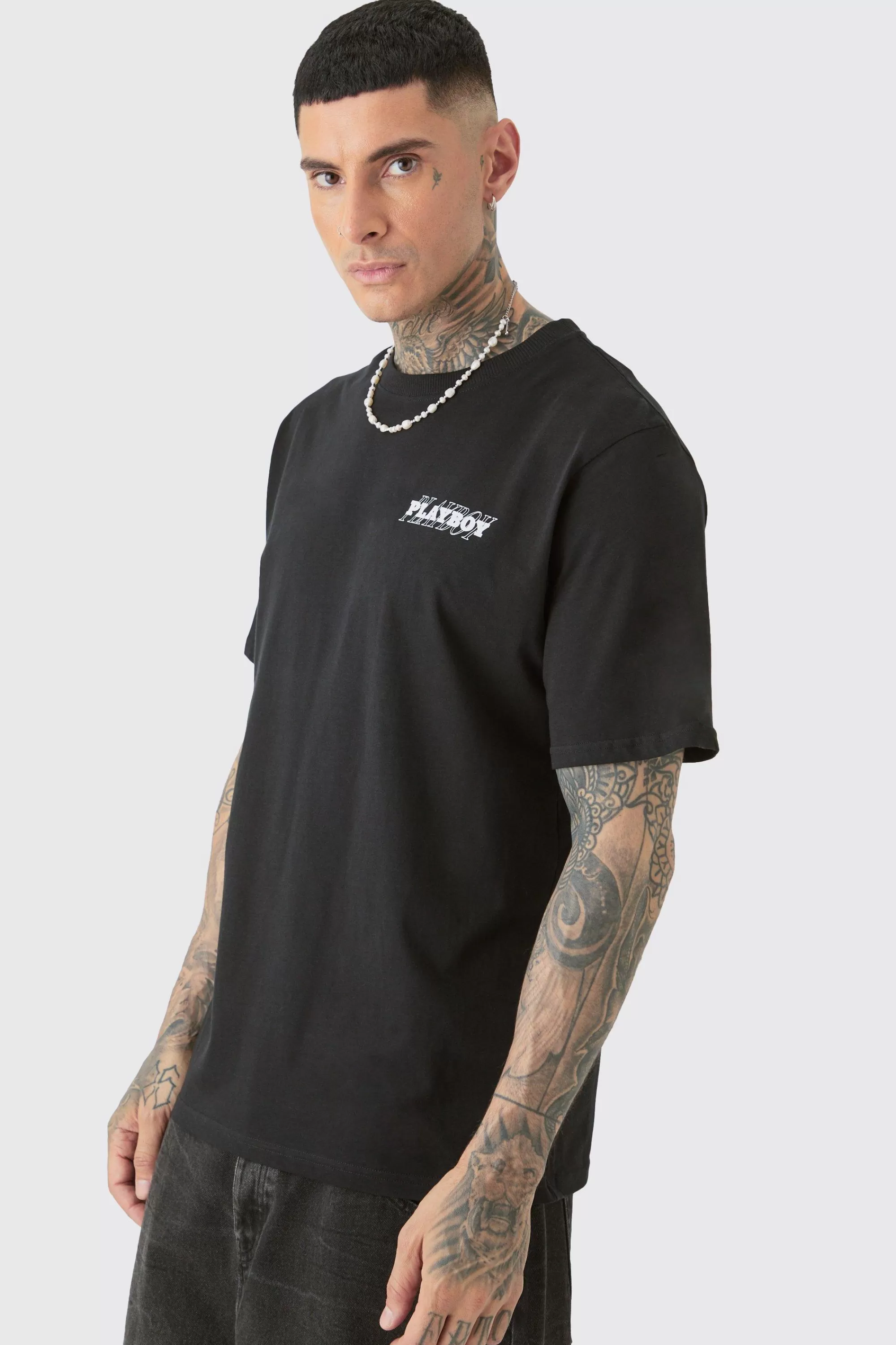 boohooMAN Tall Playboy License Check Print T-shirt In | UK black Fashion