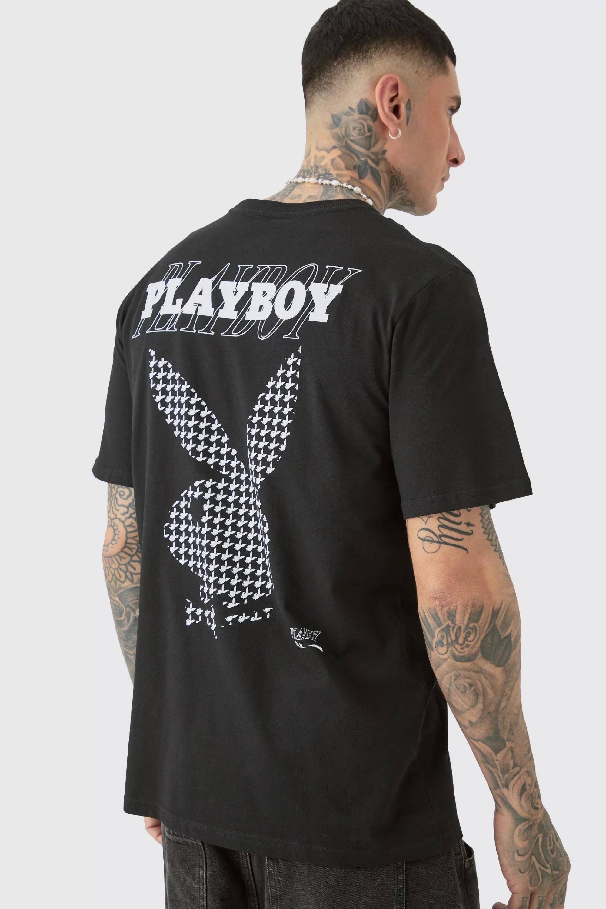boohooMAN Tall Playboy License Check Print T-shirt In | UK black Fashion