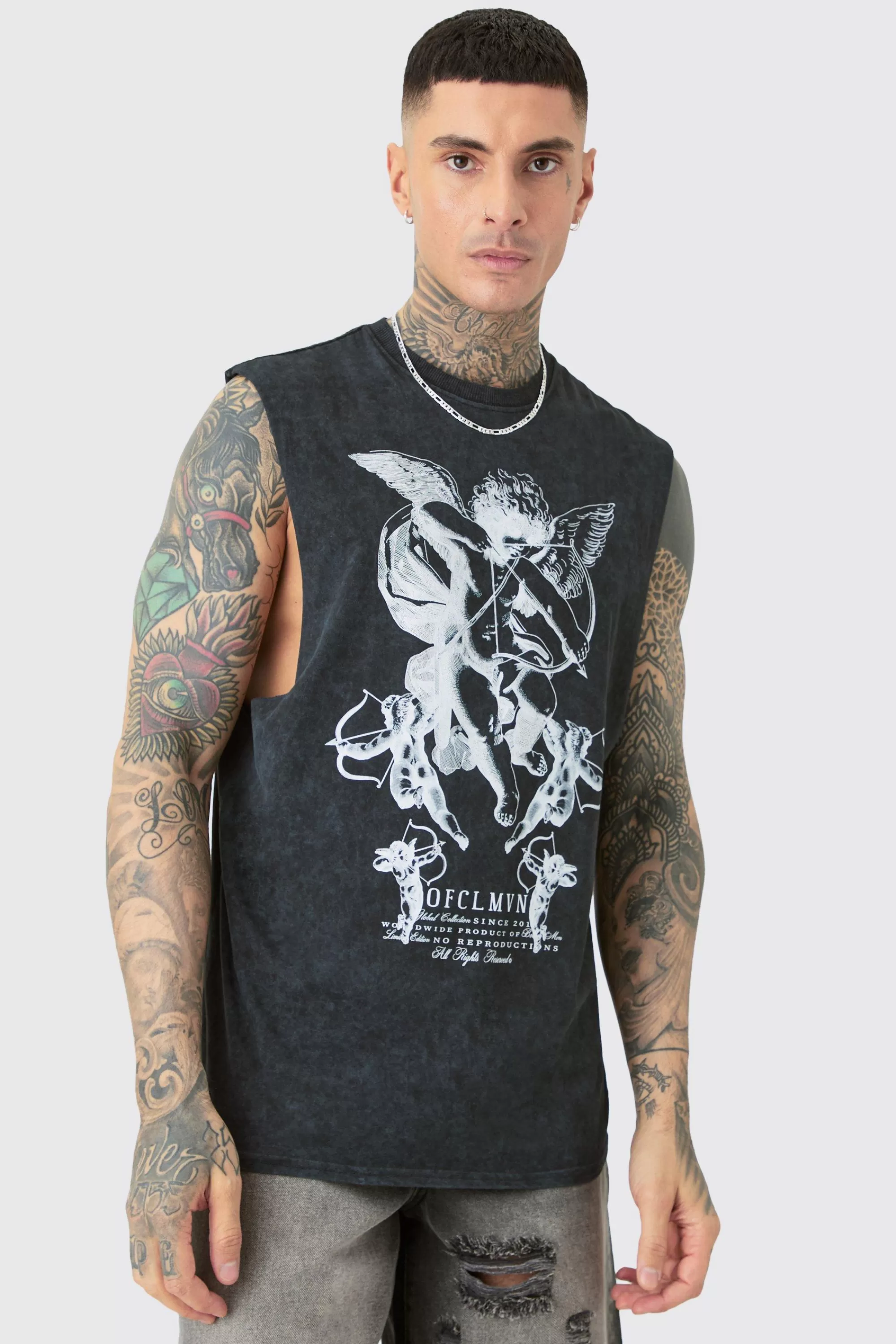 boohooMAN Tall Renaissance Tank In Acid Wash | UK grey New