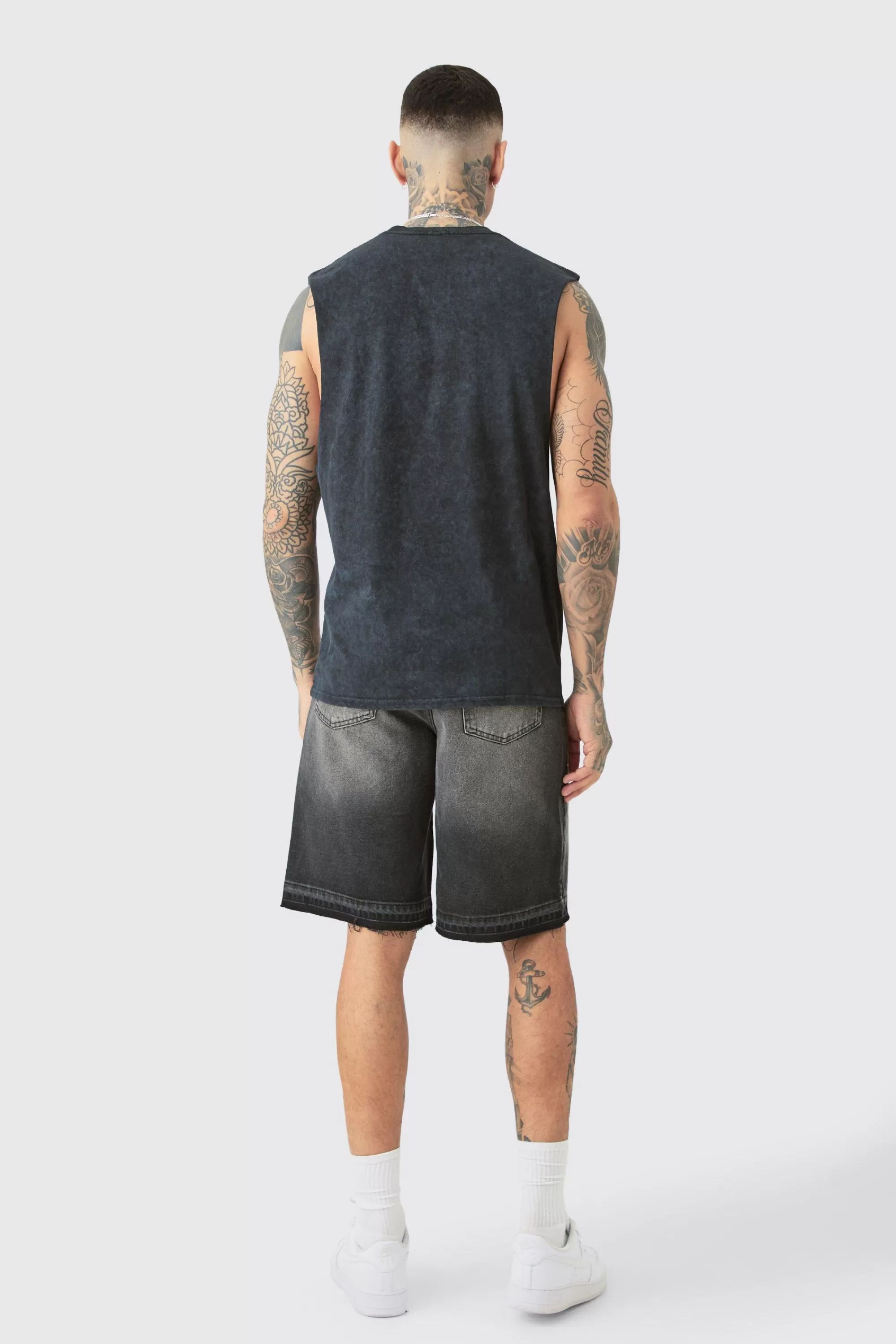 boohooMAN Tall Renaissance Tank In Acid Wash | UK grey New