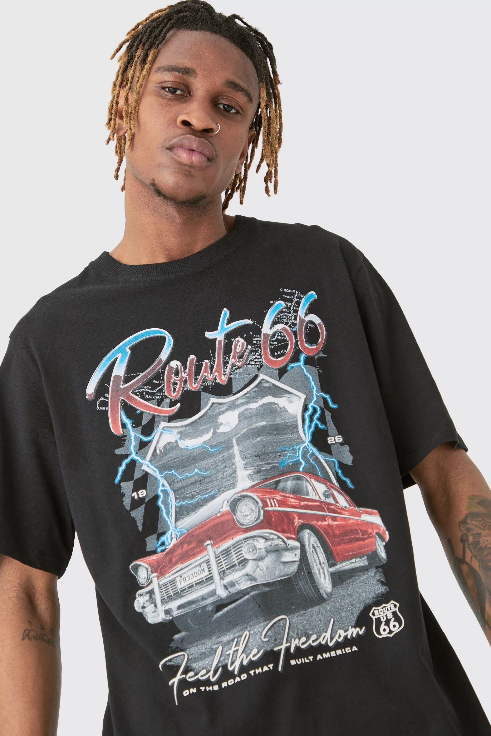 boohooMAN Tall Route 66 Racer Printed T-shirt In | UK black Cheap