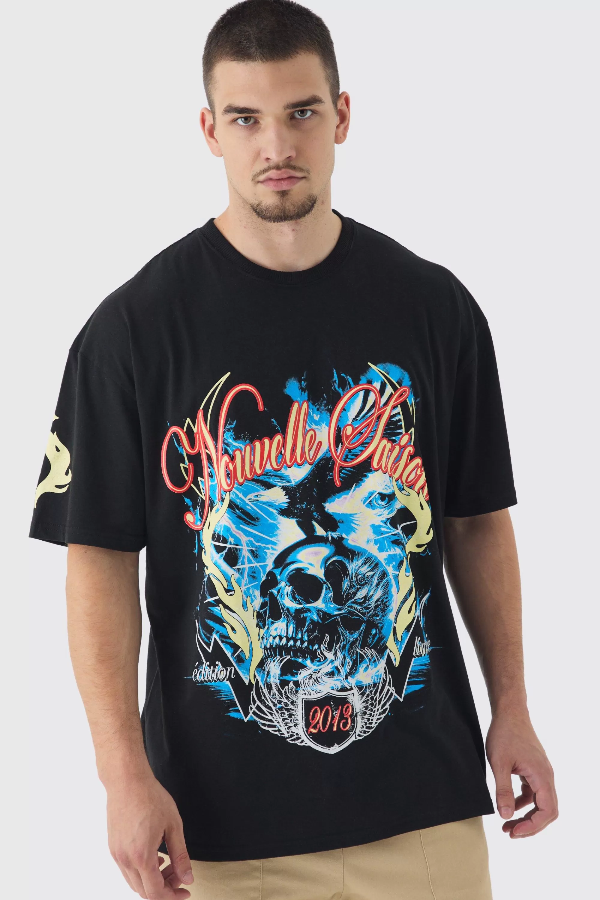 boohooMAN Tall Skull Flame Print Oversized T-shirt In | UK black New