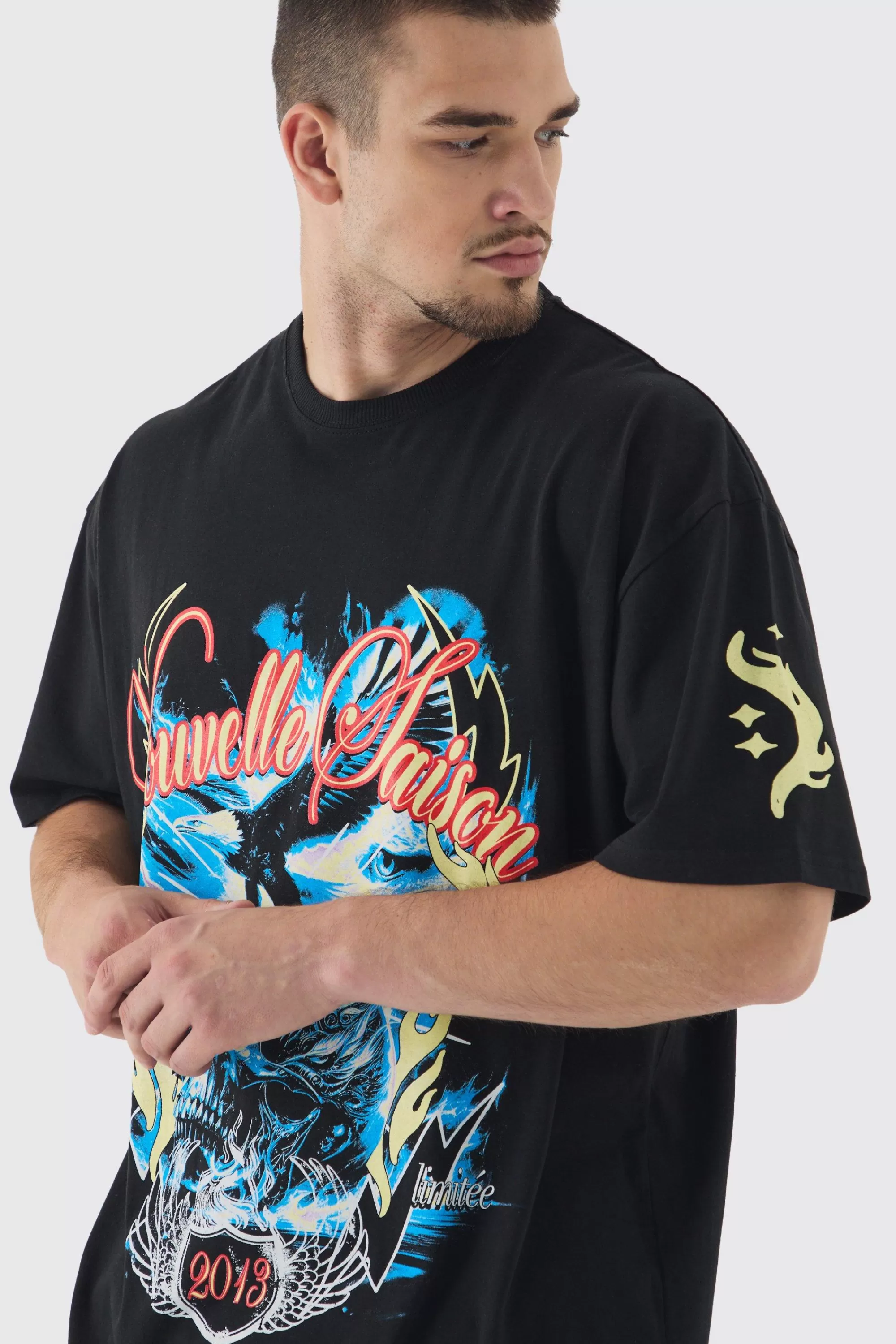 boohooMAN Tall Skull Flame Print Oversized T-shirt In | UK black New