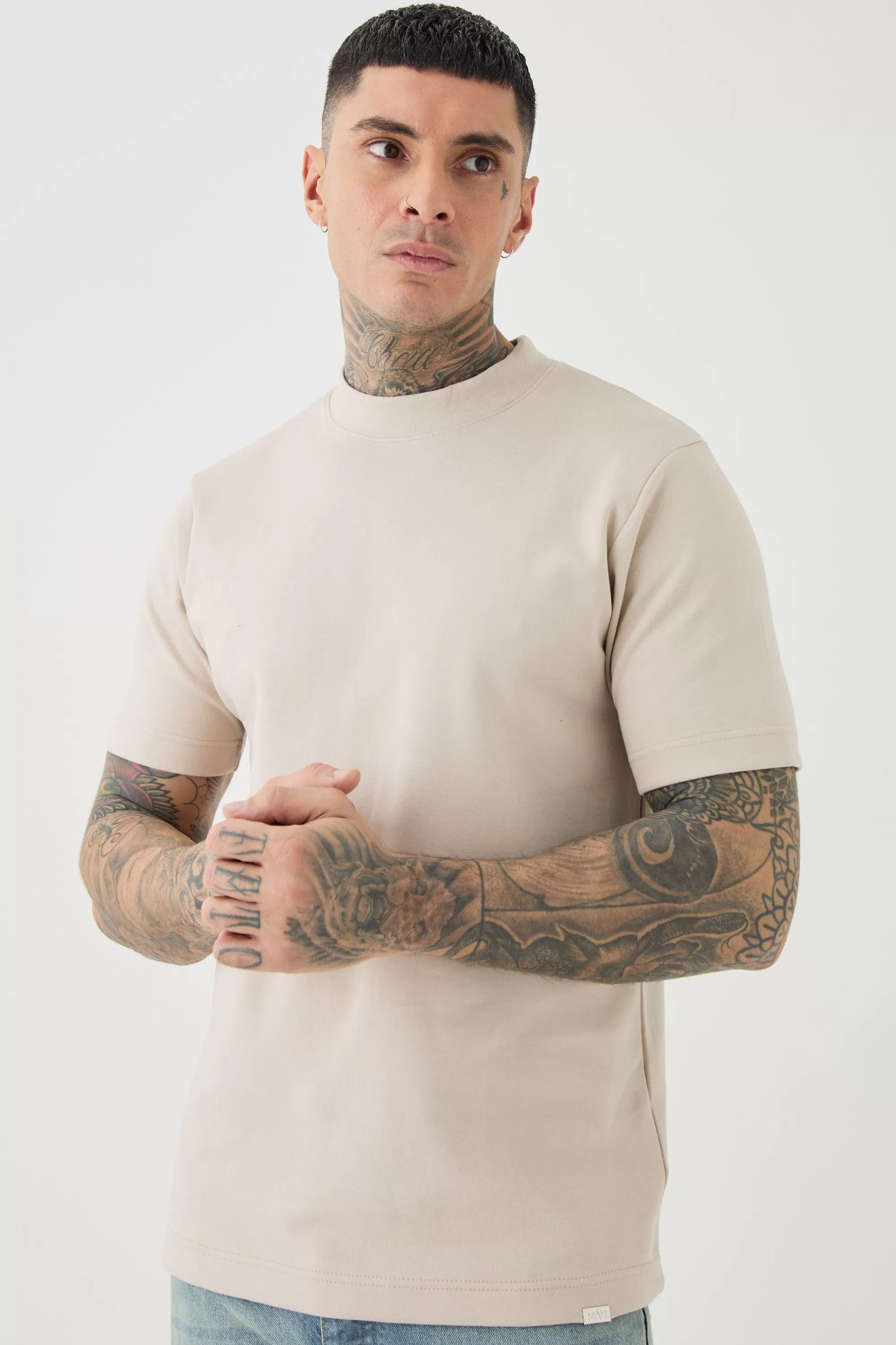 boohooMAN Tall Slim Fit Extended Neck Heavy Interlock T-shirt | UK stone Discount