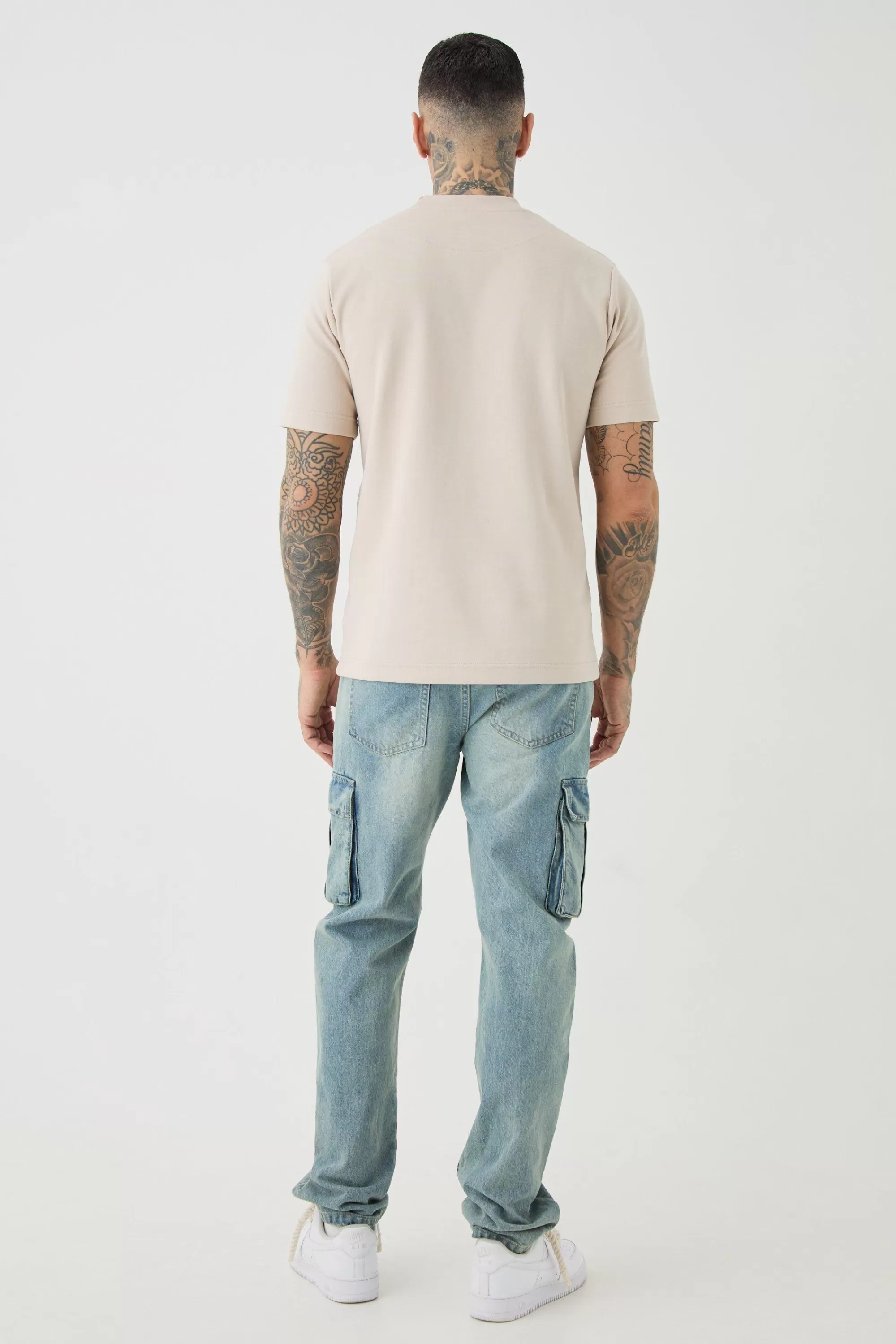 boohooMAN Tall Slim Fit Extended Neck Heavy Interlock T-shirt | UK stone Discount