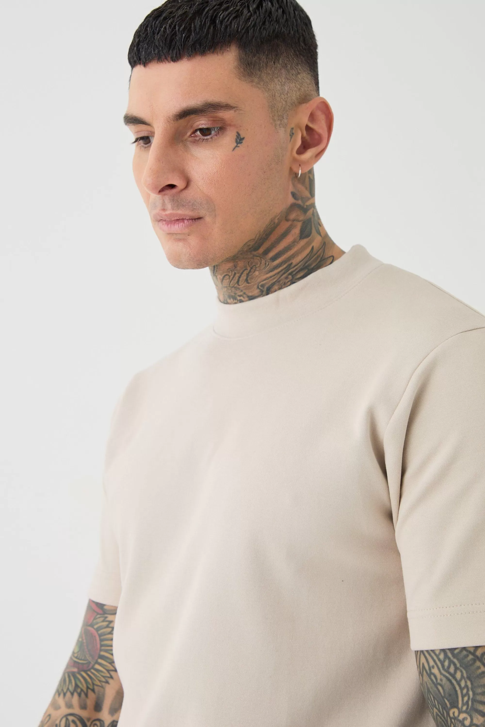 boohooMAN Tall Slim Fit Extended Neck Heavy Interlock T-shirt | UK stone Discount