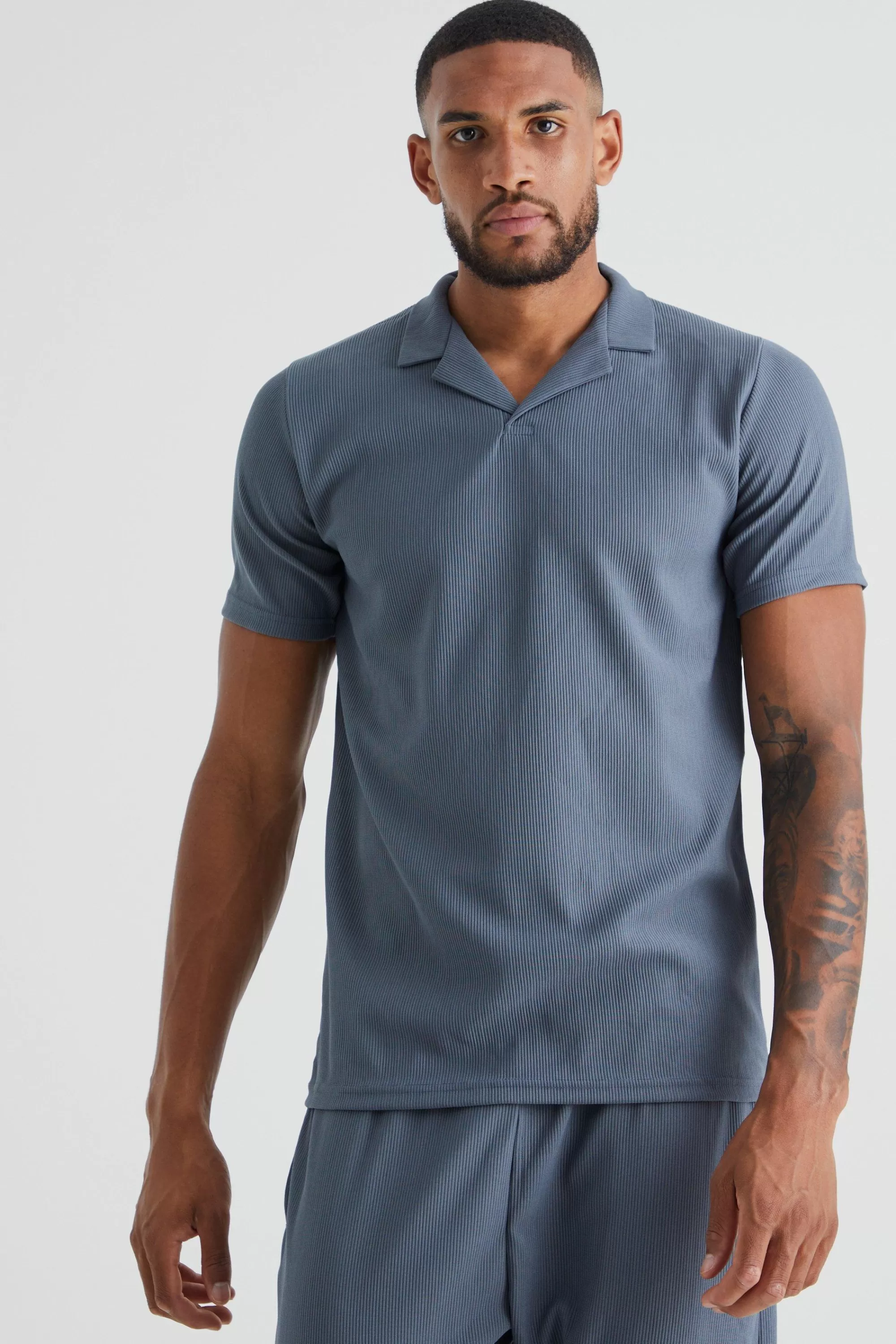 boohooMAN Tall Slim Ottoman Rib Revere Polo | UK navy Sale