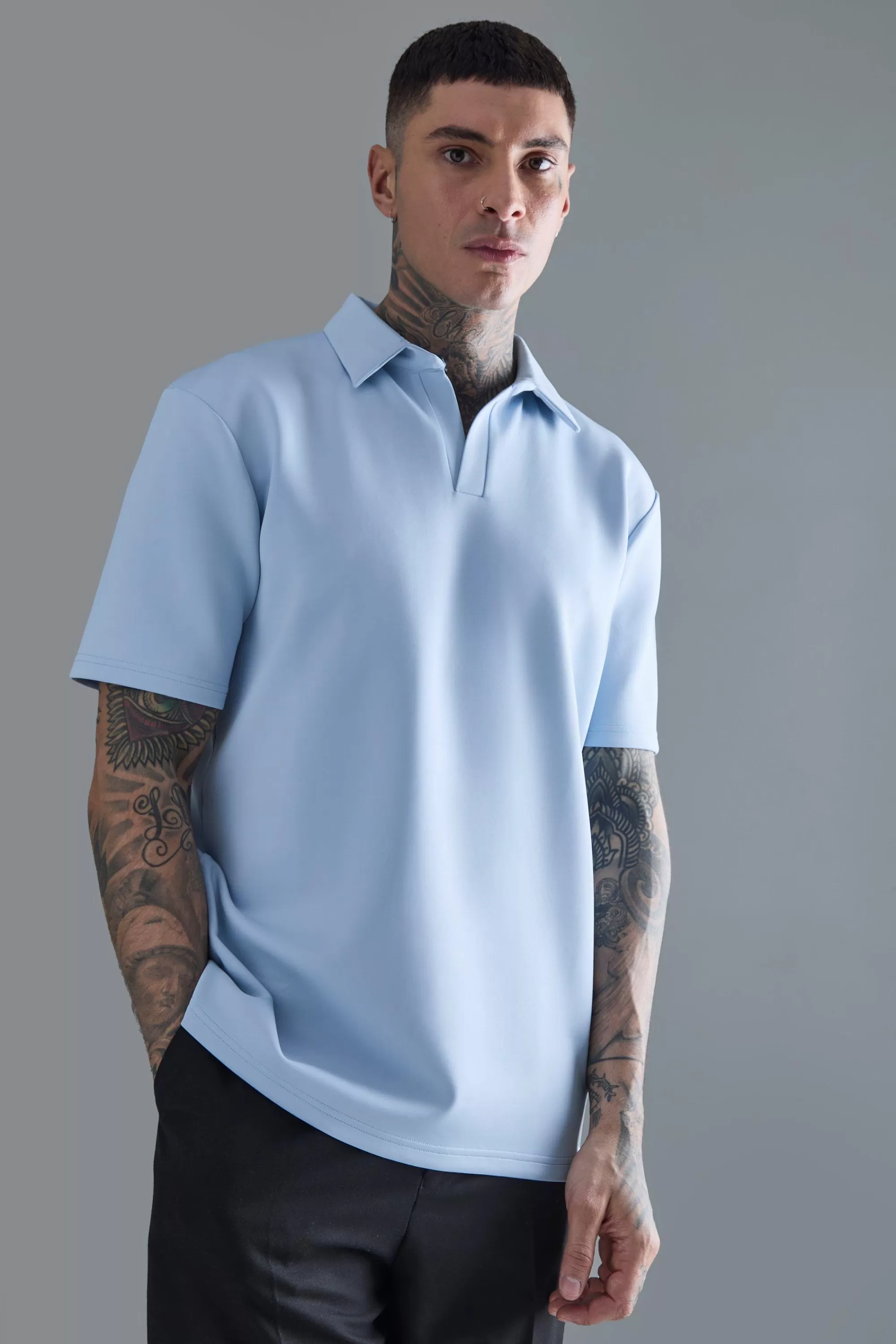 boohooMAN Tall Slim Scuba Polo | UK pastel blue Cheap