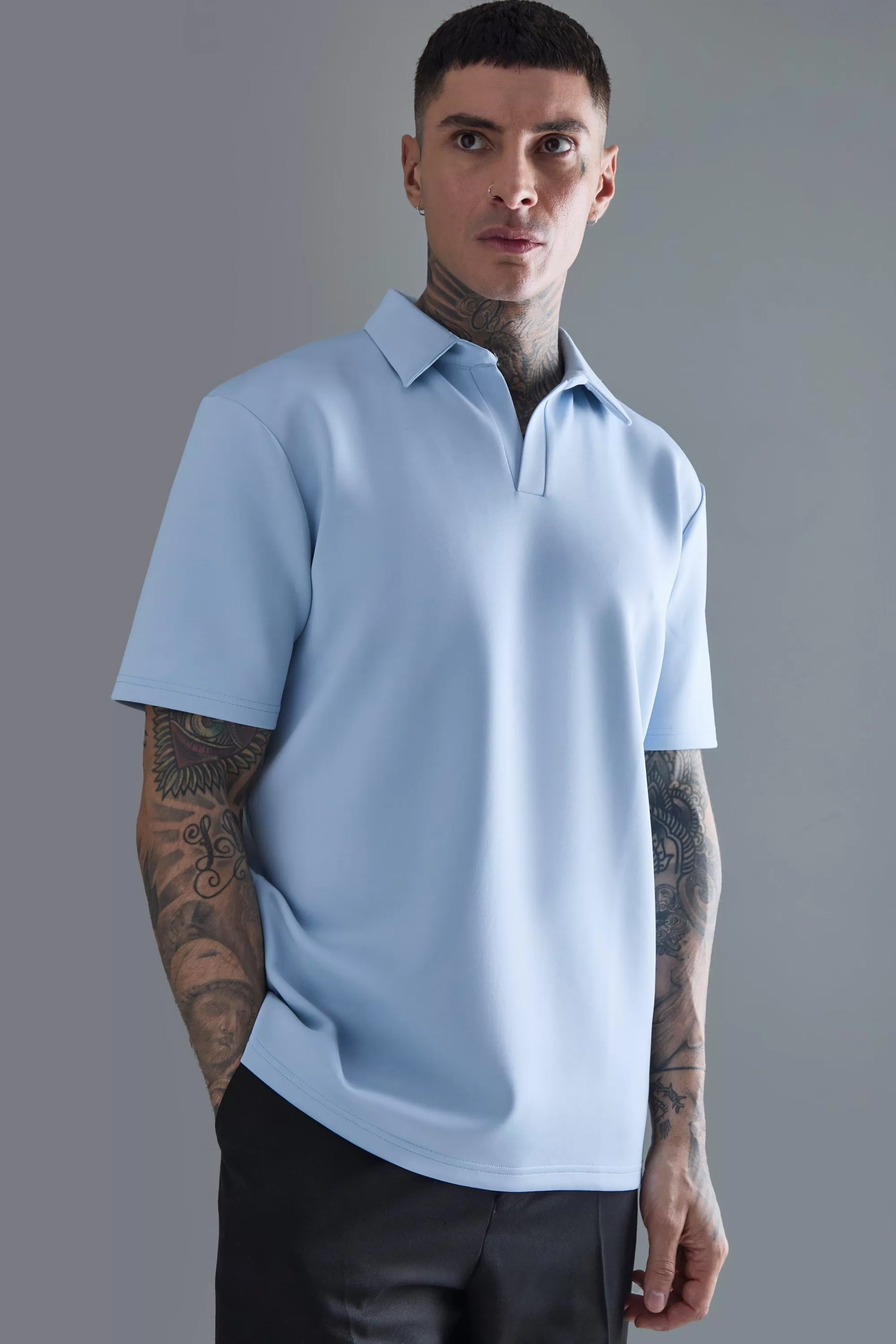 boohooMAN Tall Slim Scuba Polo | UK pastel blue Cheap