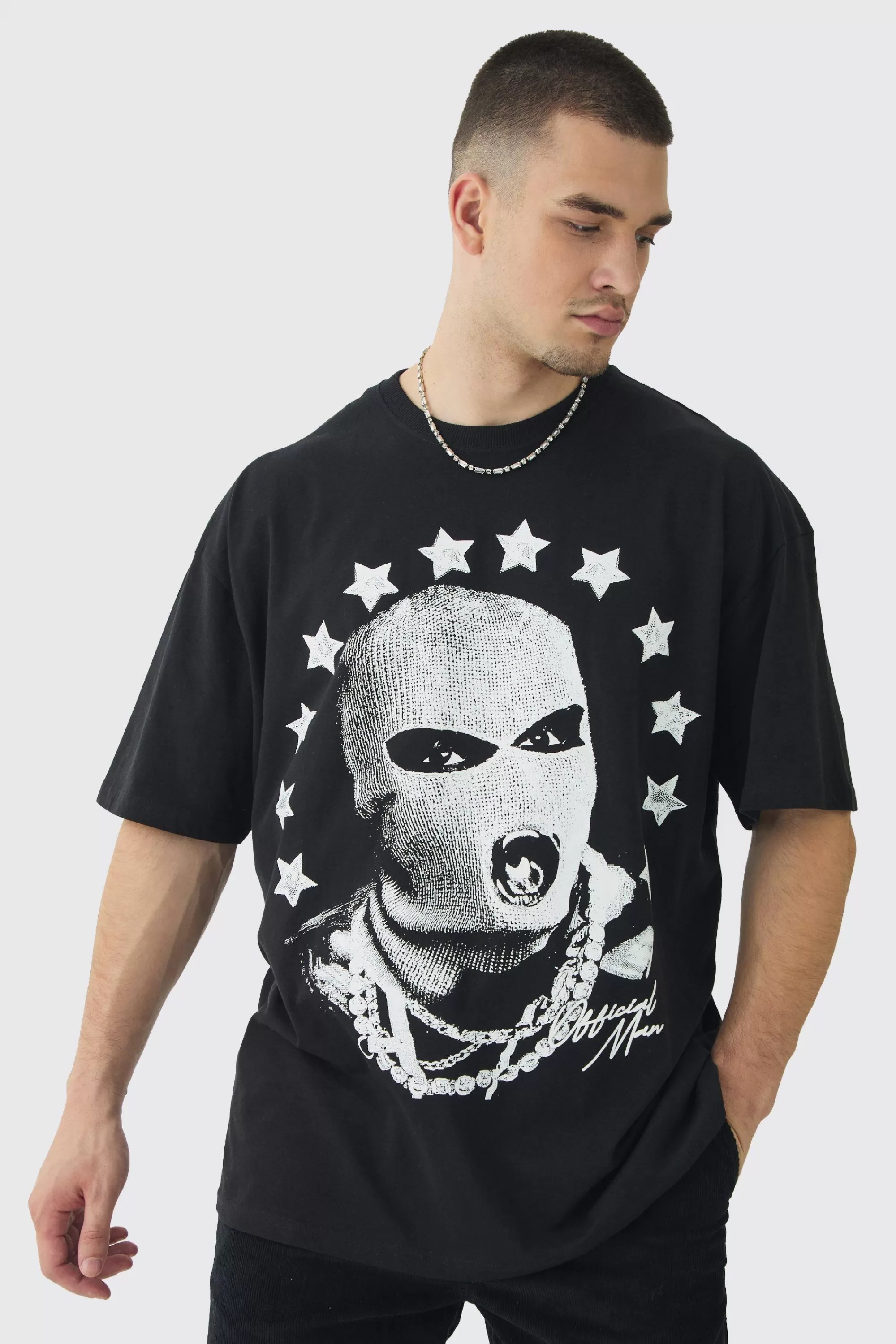boohooMAN Tall Star Balaclava Graphic Oversized T-Shirt | UK black Fashion
