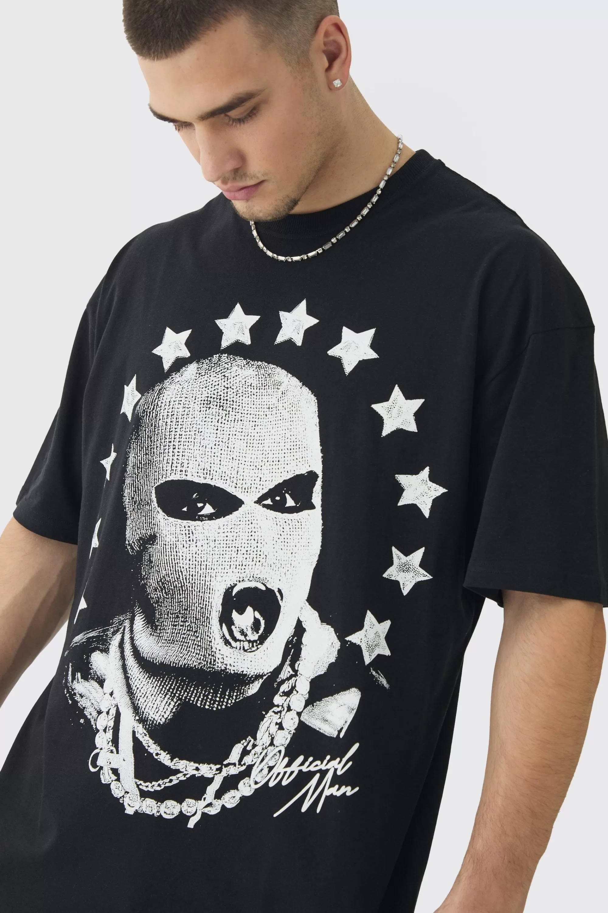 boohooMAN Tall Star Balaclava Graphic Oversized T-Shirt | UK black Fashion