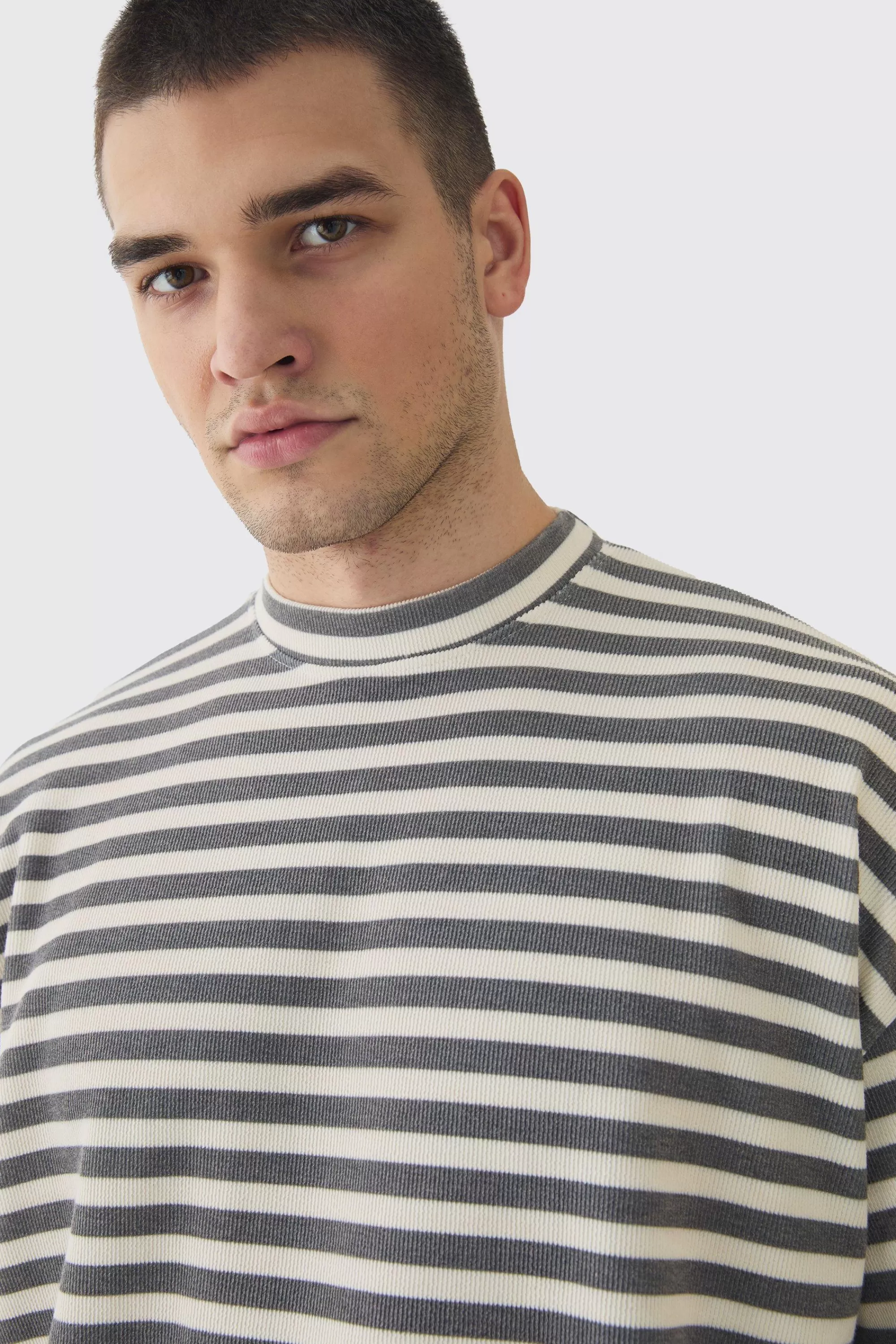 boohooMAN Tall Stripe Compact Rib Boxy Oversized T-Shirt | UK white Fashion