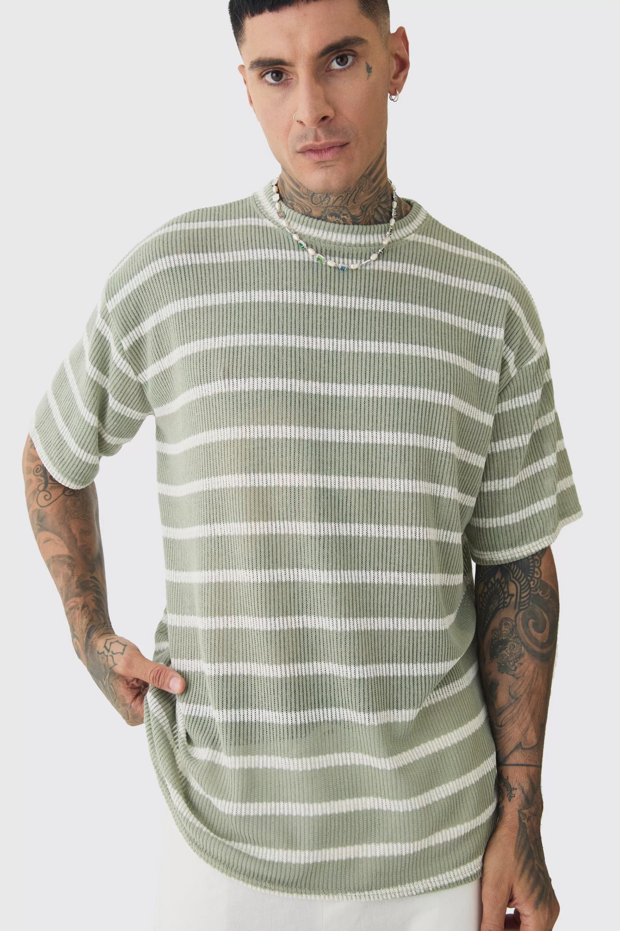 boohooMAN Tall Stripe Knit Relaxed T-shirt | UK sage Fashion