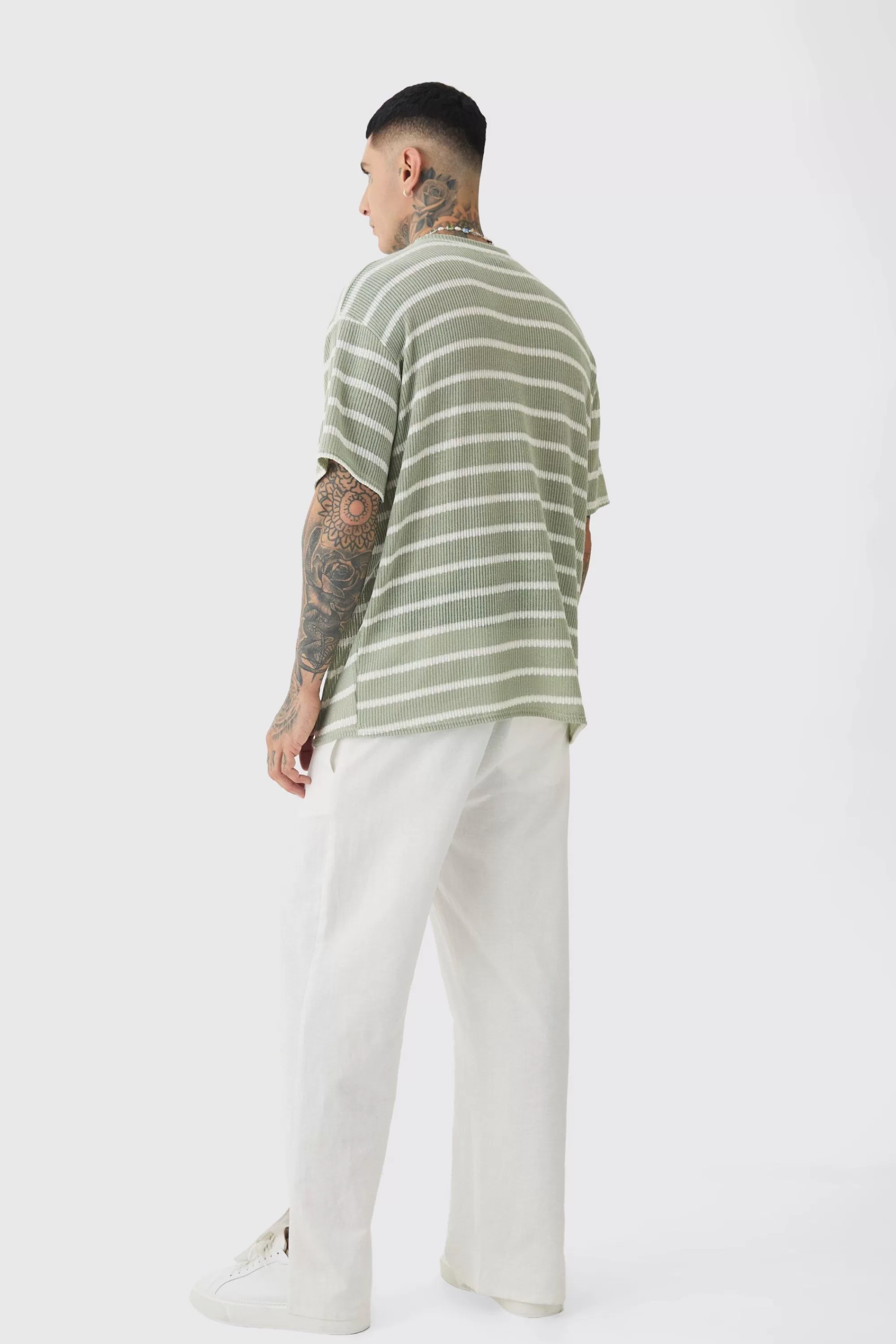 boohooMAN Tall Stripe Knit Relaxed T-shirt | UK sage Fashion