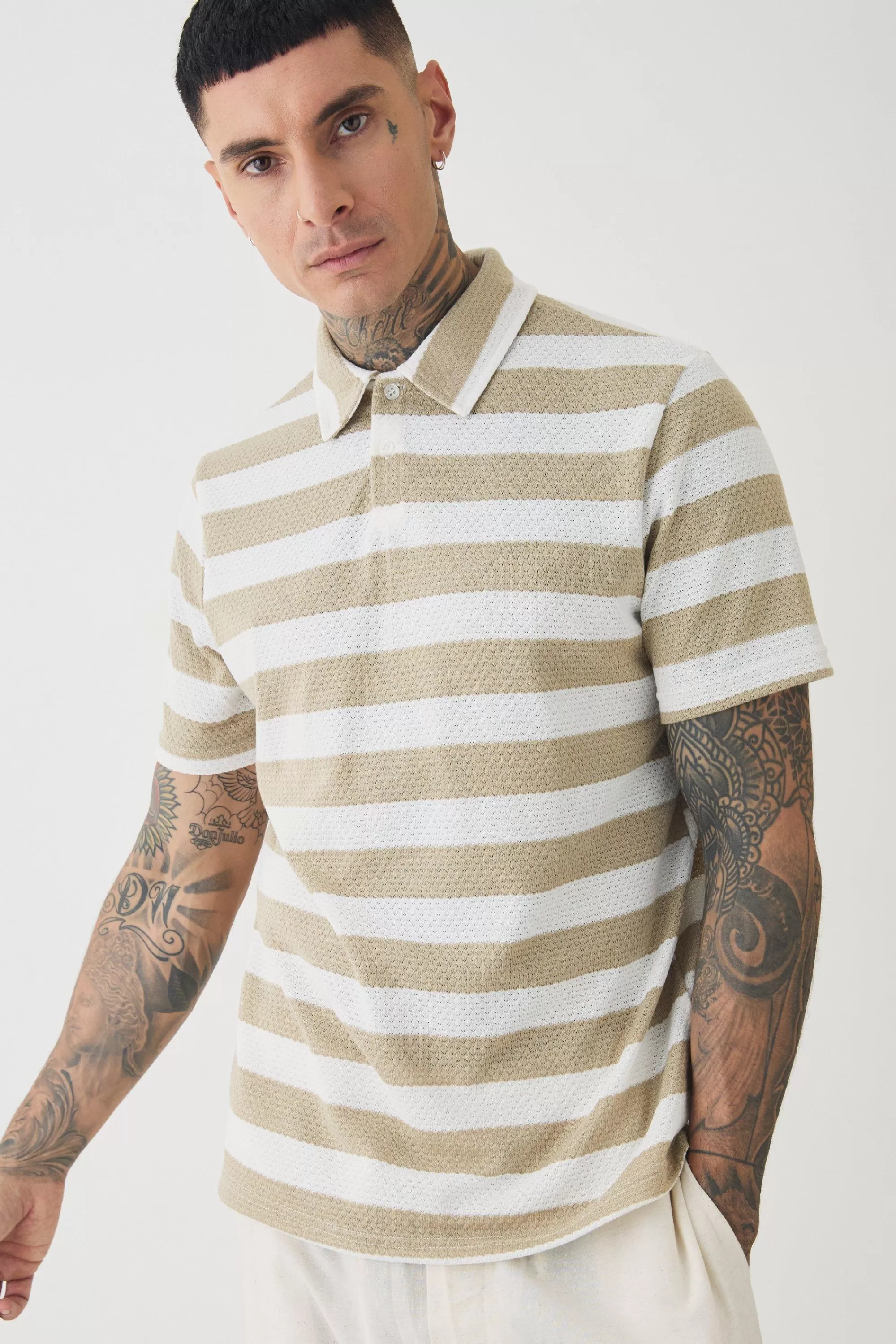 boohooMAN Tall Textured Stripe Polo | UK stone Discount