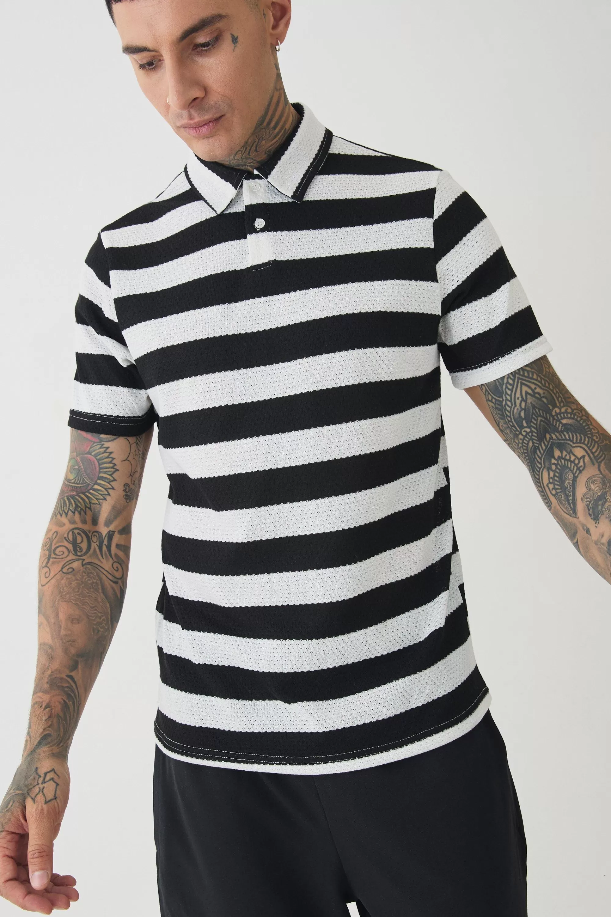 boohooMAN Tall Textured Stripe Polo | UK black Sale