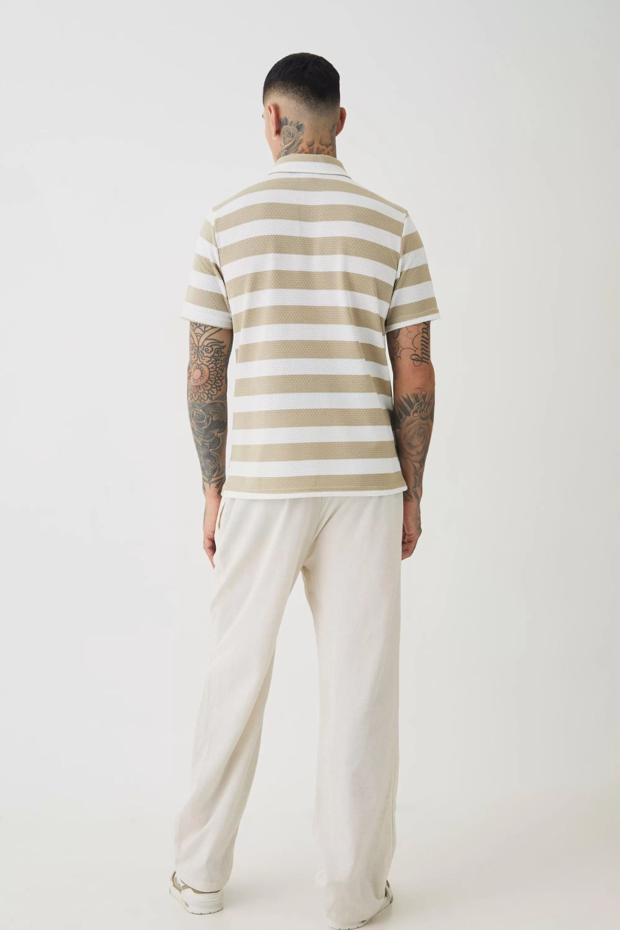 boohooMAN Tall Textured Stripe Polo | UK stone Discount