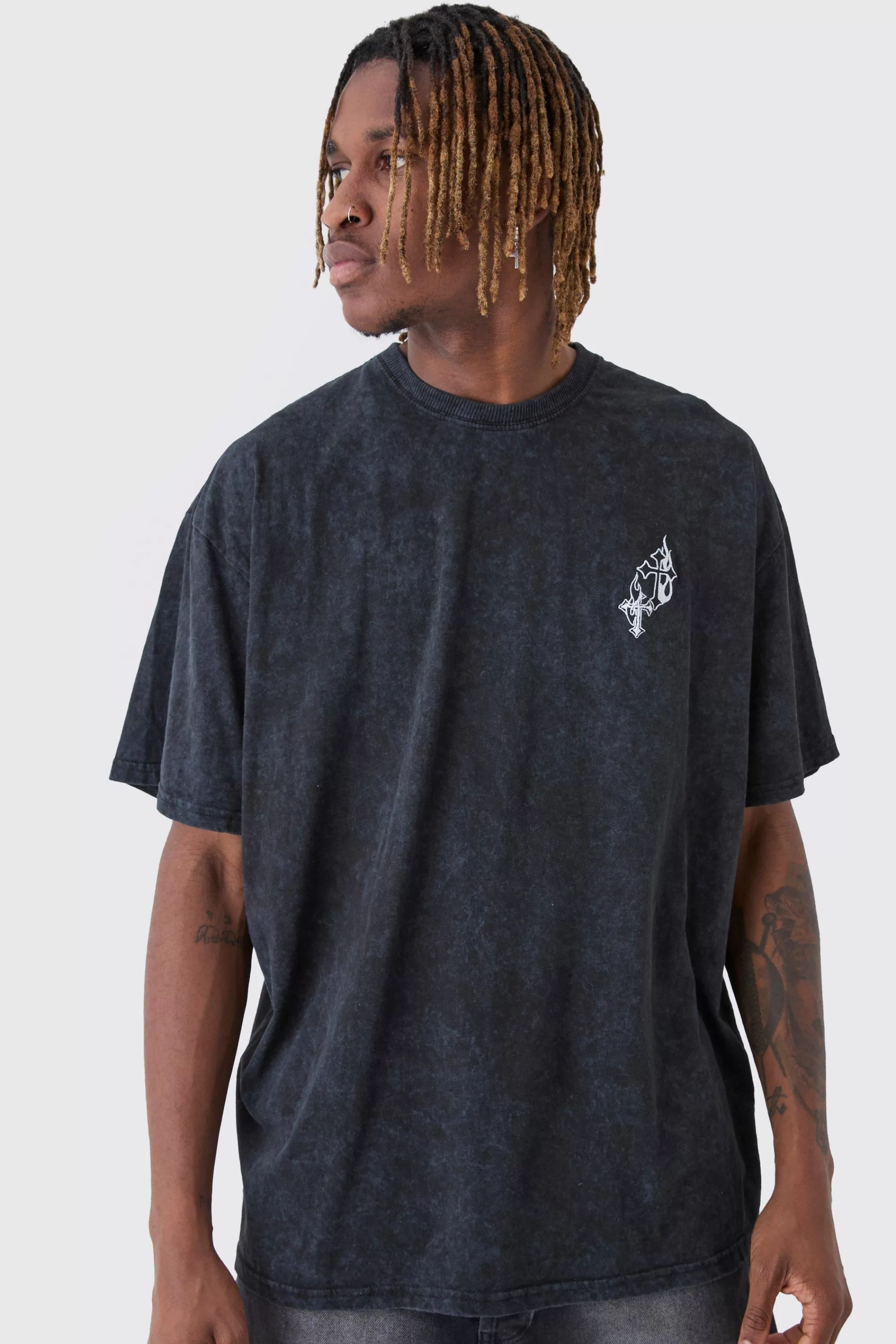 boohooMAN Tall Washed Cross Embroidered T-Shirt | UK washed black Cheap